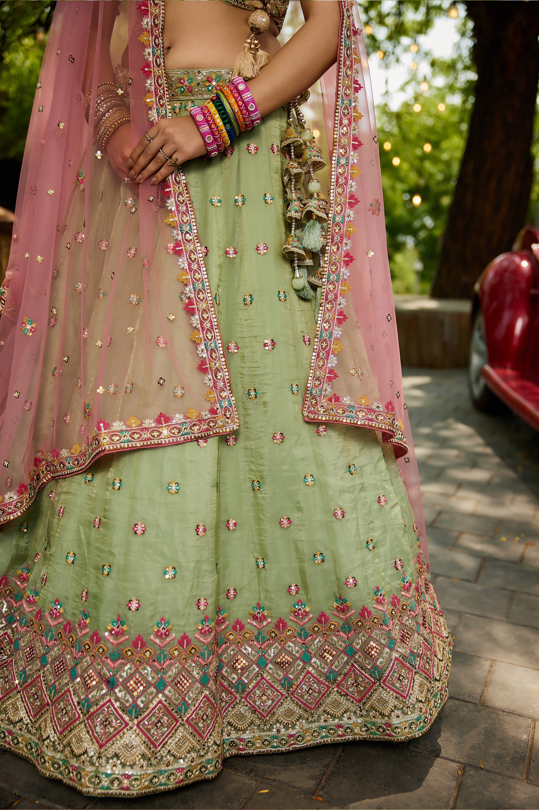 Lime Green Readymade Embroidered Tissue Silk Lehenga-SAR10050_5_SareeButa.com