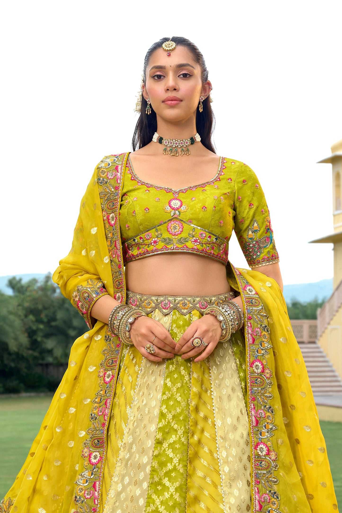 Lime Green Unstitched Embroidered Silk Lehenga-SAR11033_3_SareeButa.com