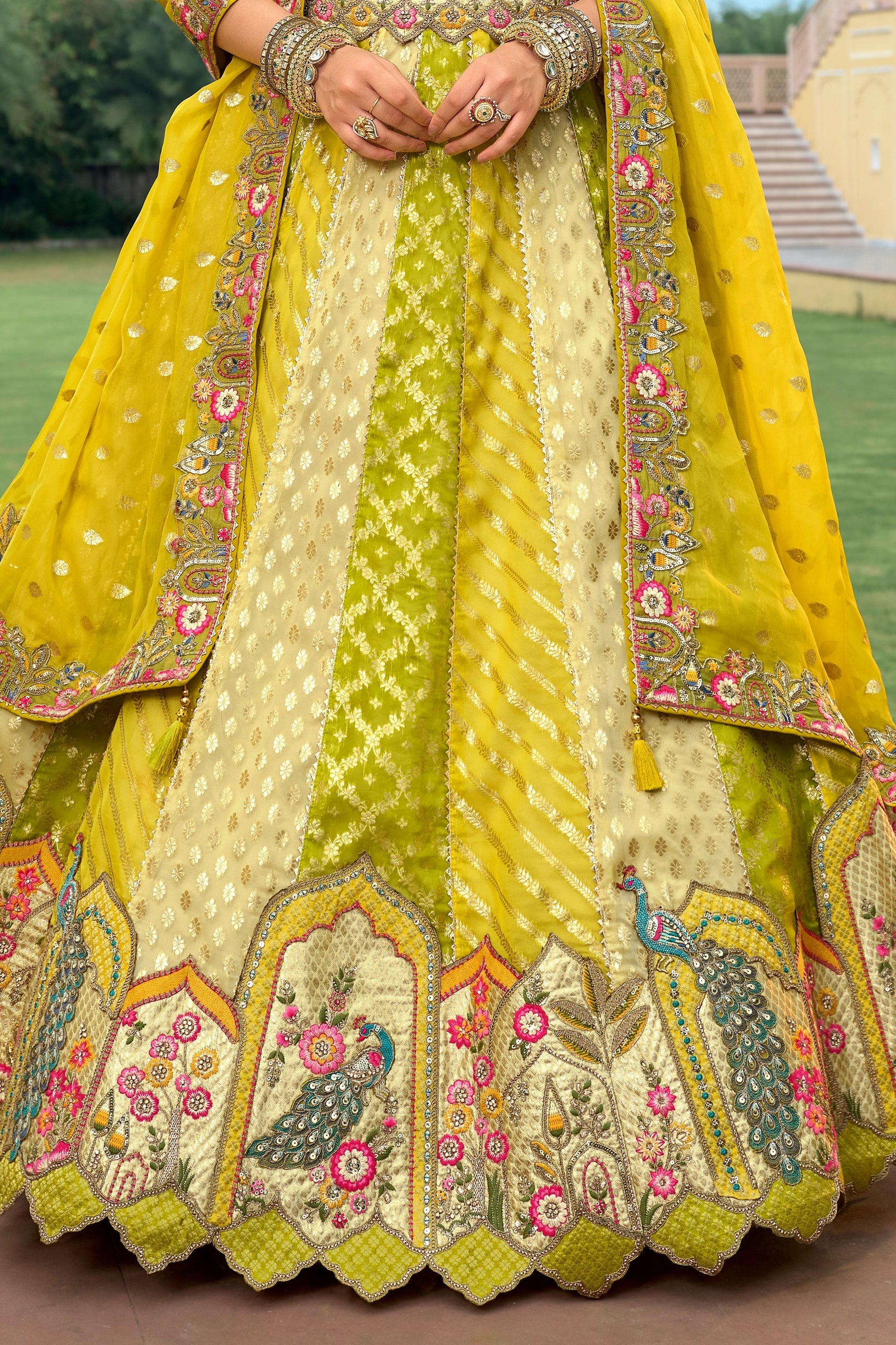 Lime Green Unstitched Embroidered Silk Lehenga-SAR11033_4_SareeButa.com
