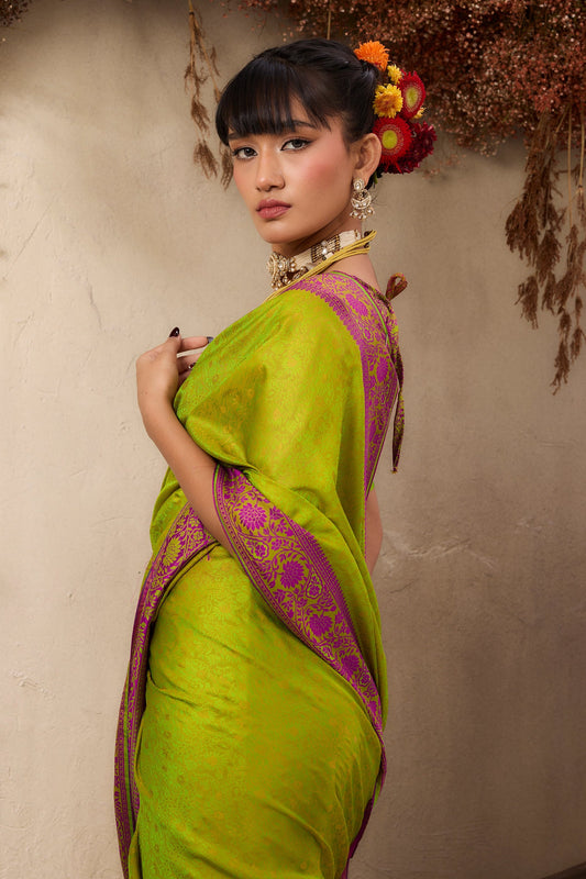 Lime Green Woven Kanjivaram Silk Saree-SAR11181_2_SareeButa.com