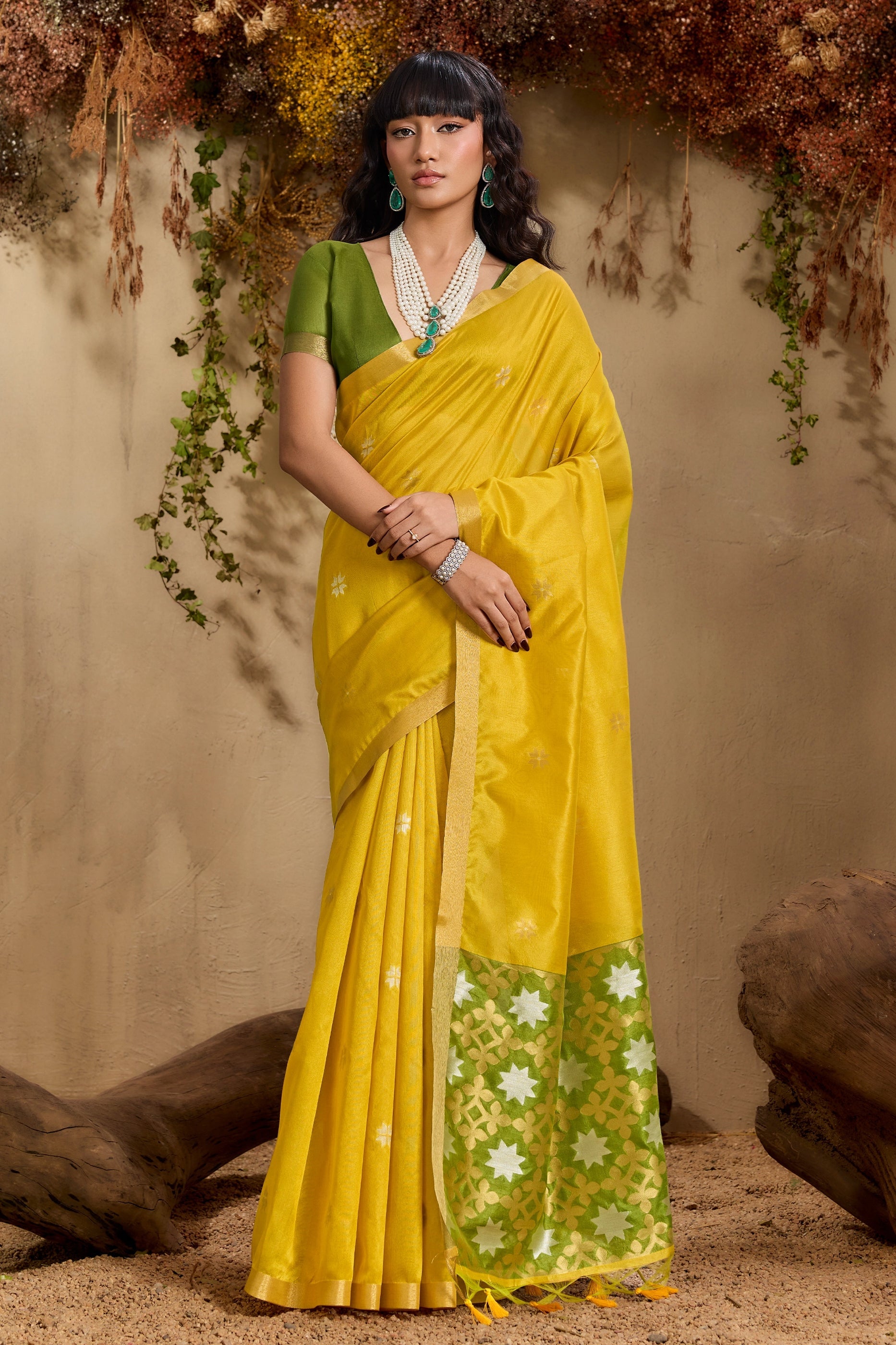 Lime Green Woven Tussar Silk Saree-SAR11238_1_SareeButa.com