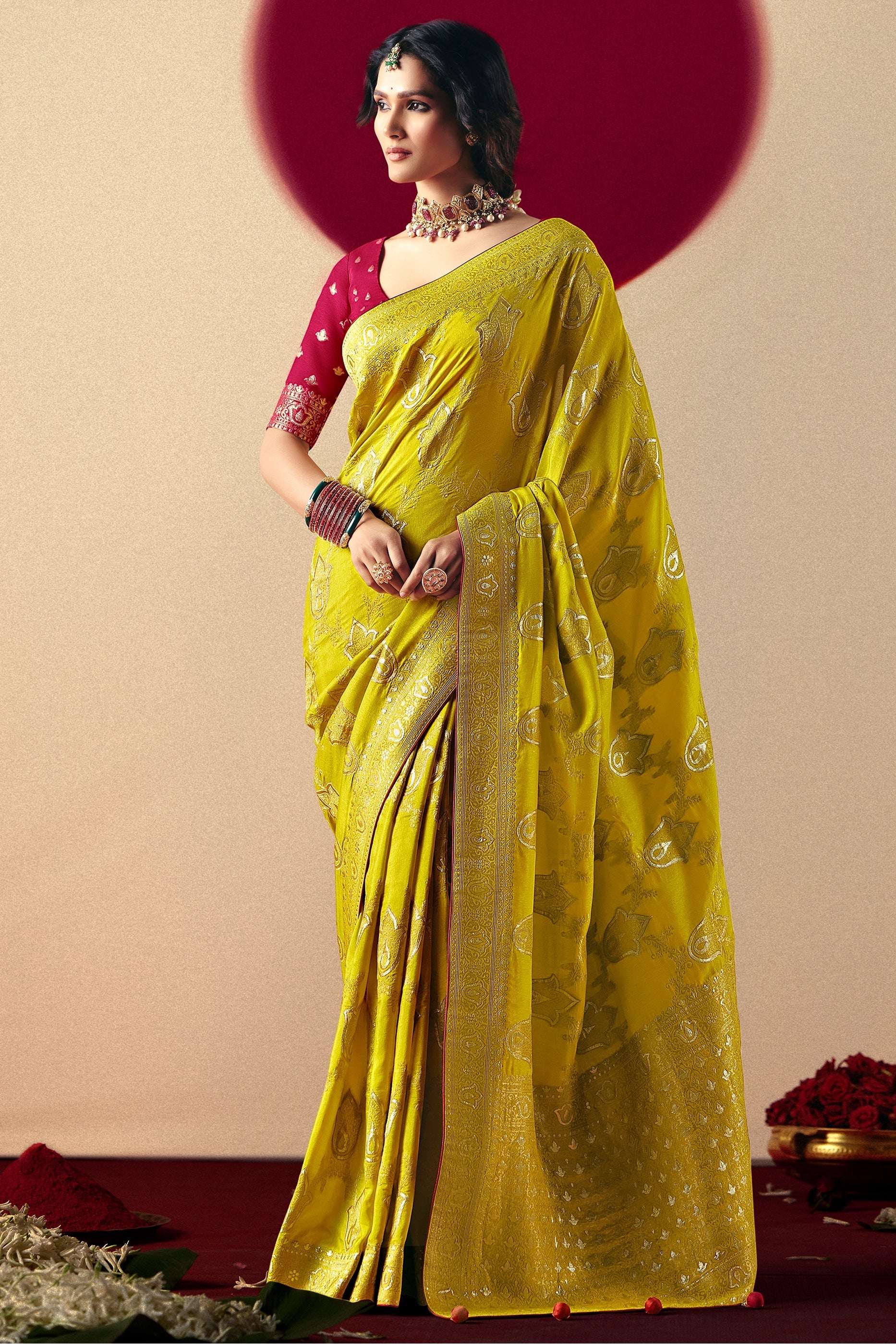 Lime Green Woven Viscose Silk Saree With Brocade Blouse-SAR10252_1_SareeButa.com
