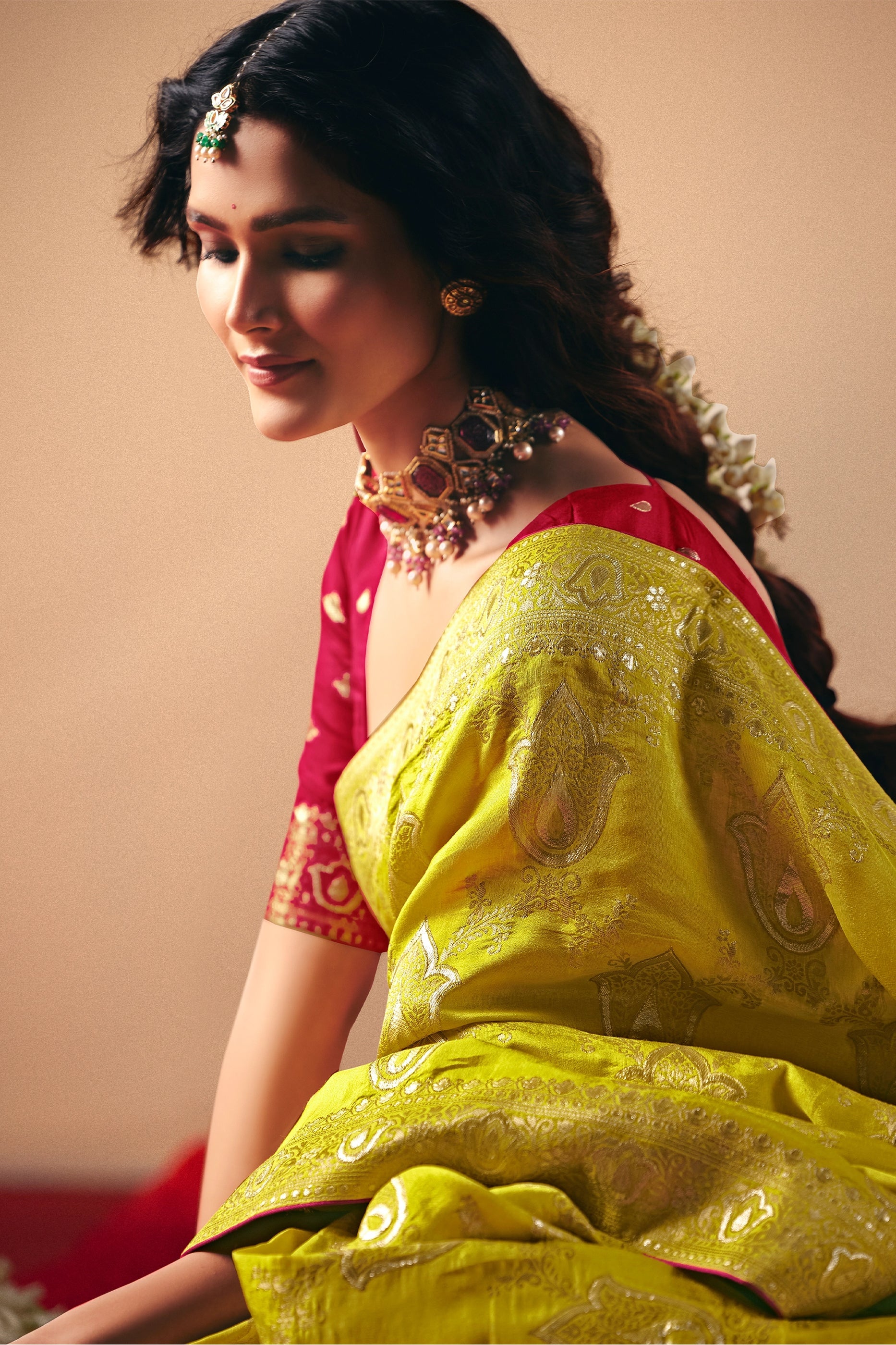 Lime Green Woven Viscose Silk Saree With Brocade Blouse-SAR10252_3_SareeButa.com