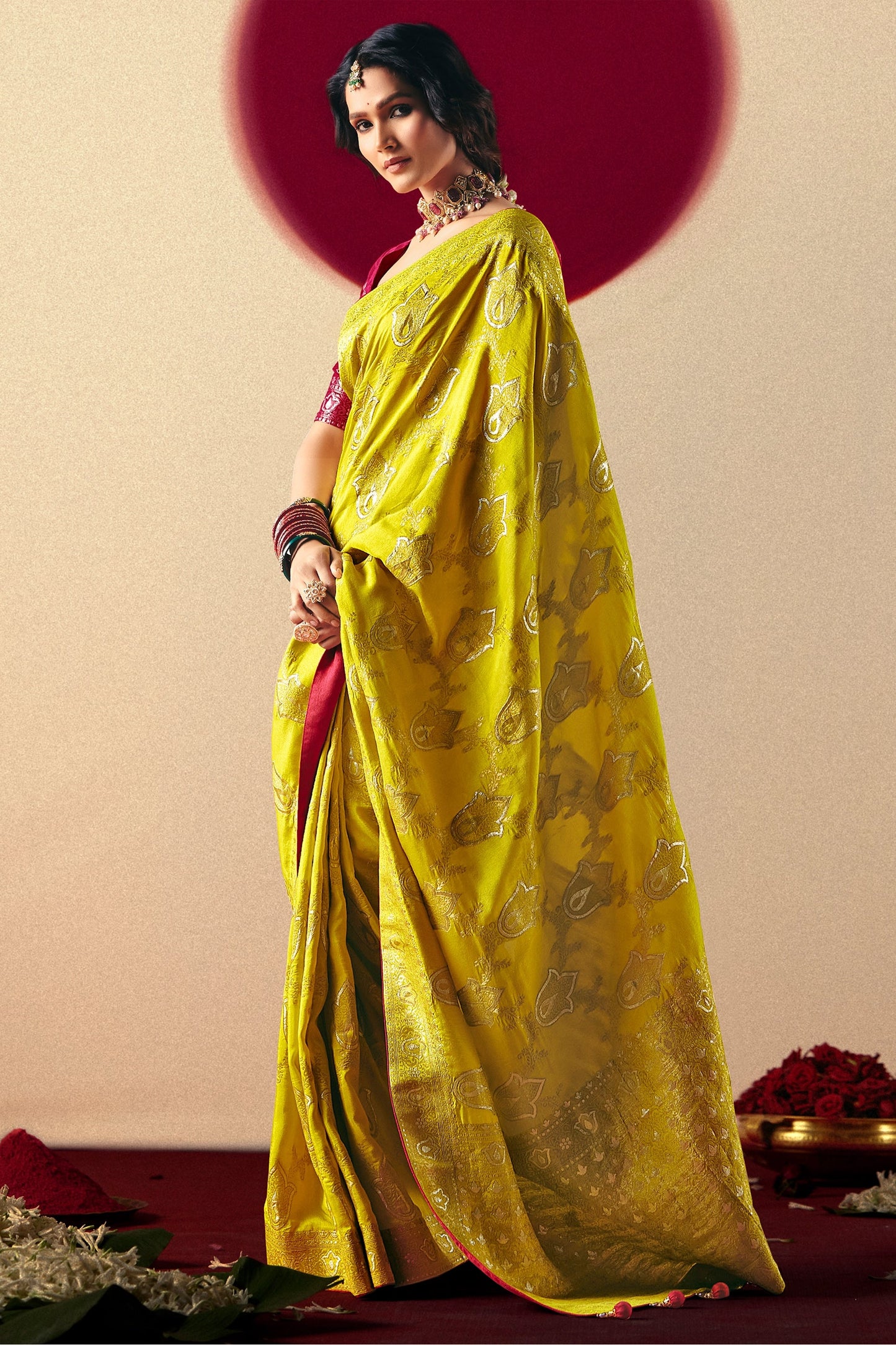 Lime Green Woven Viscose Silk Saree With Brocade Blouse-SAR10252_5_SareeButa.com