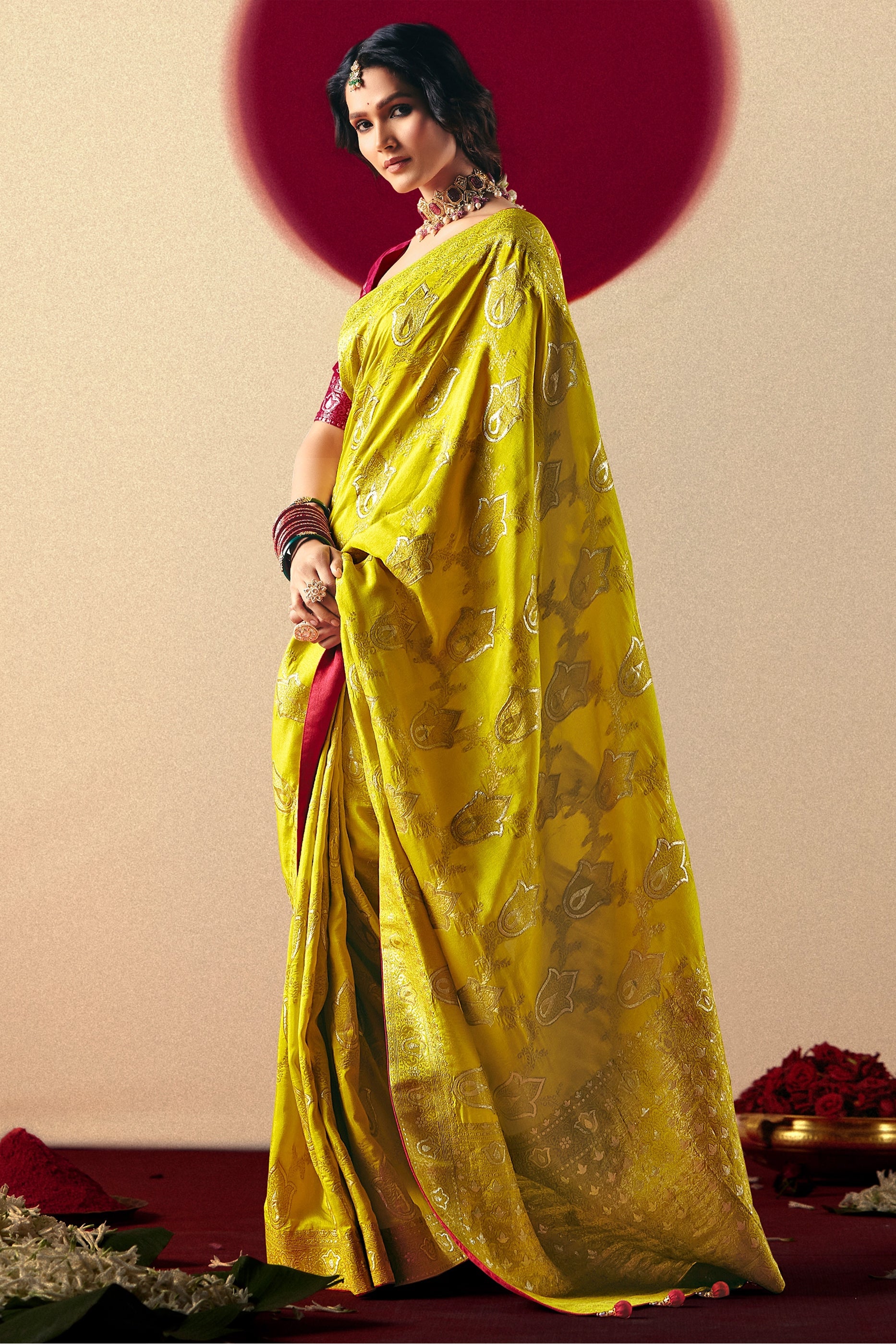 Lime Green Woven Viscose Silk Saree With Brocade Blouse-SAR10252_5_SareeButa.com