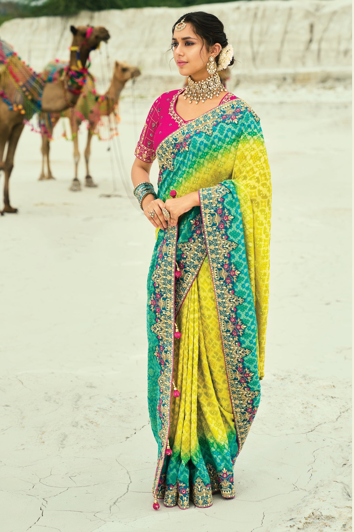 Lime Yellow Georgette Bandhani Saree-SAR10297_4_SareeButa.com