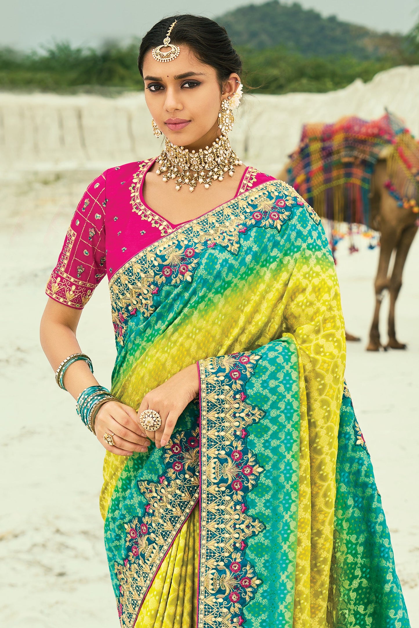 Lime Yellow Georgette Bandhani Saree-SAR10297_5_SareeButa.com