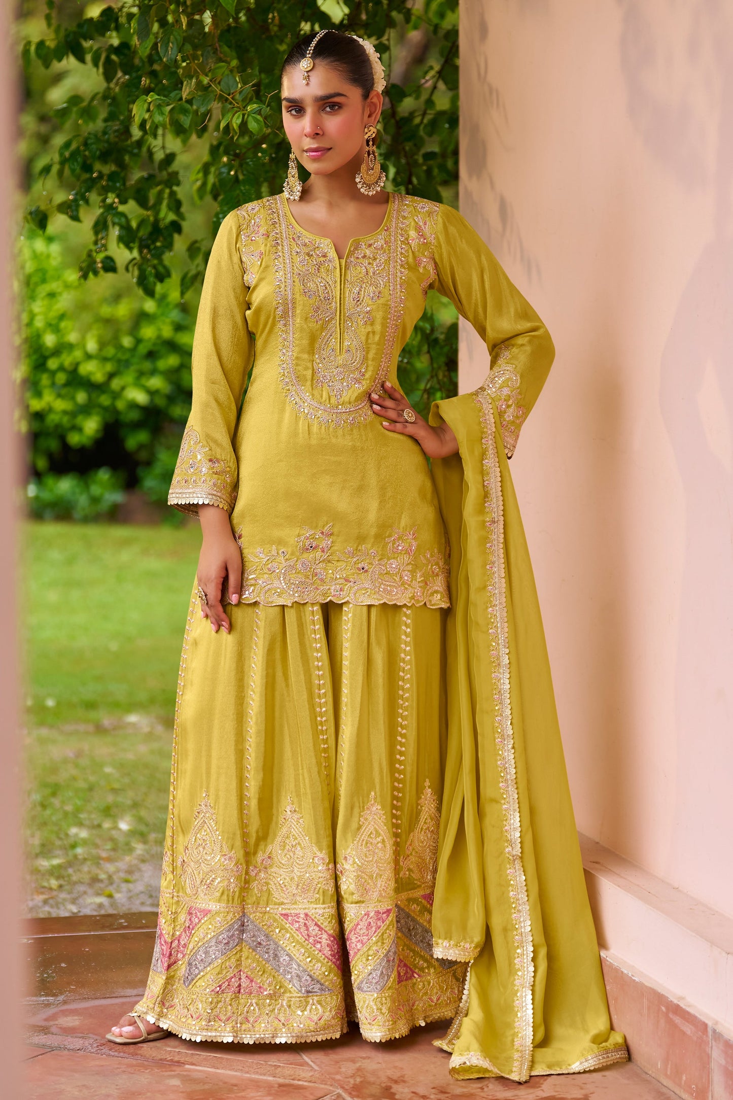 Lime Yellow Readymade Chinon Palazzo Suit-SAR11684_1_SareeButa.com