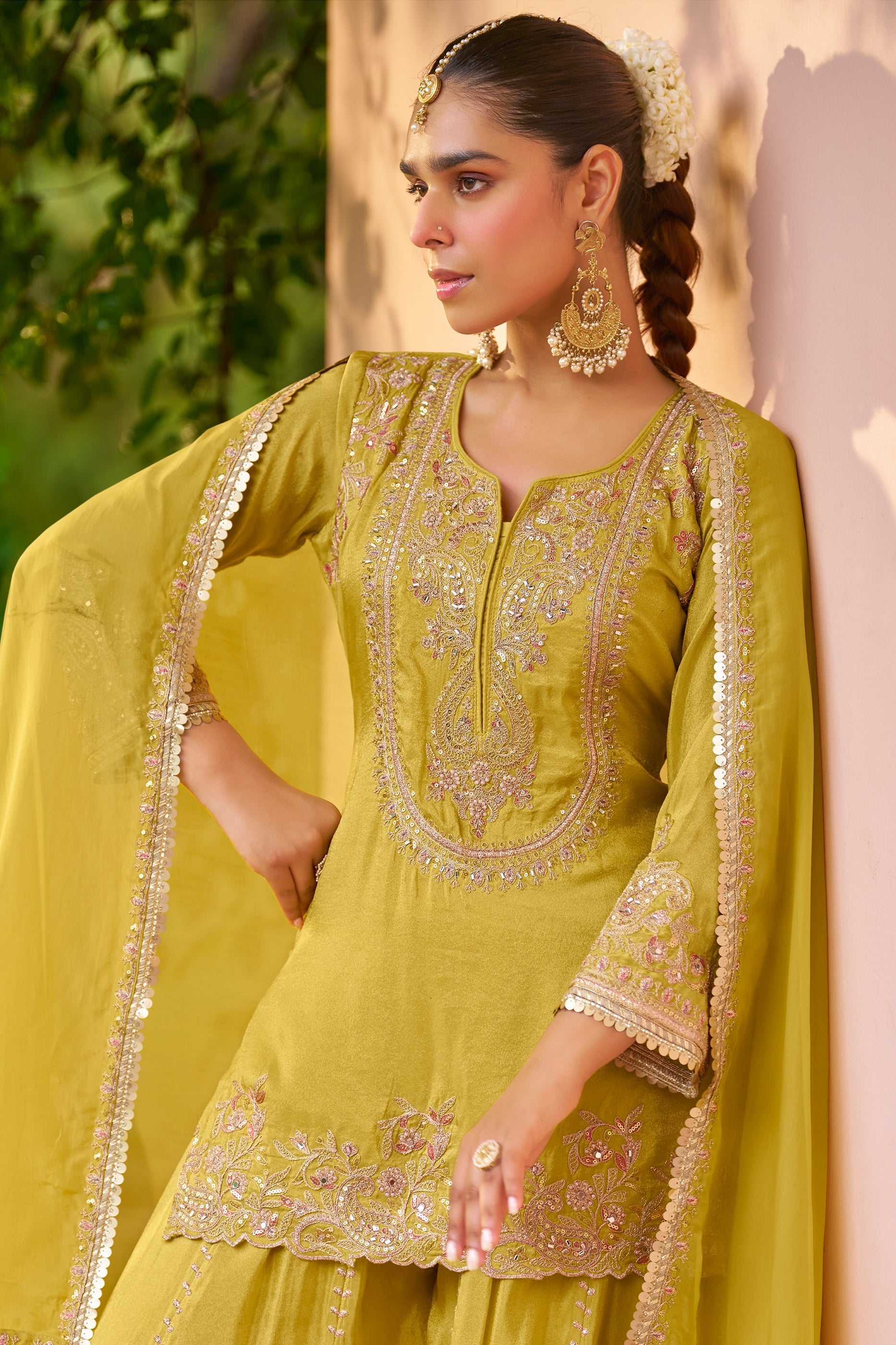Lime Yellow Readymade Chinon Palazzo Suit-SAR11684_2_SareeButa.com