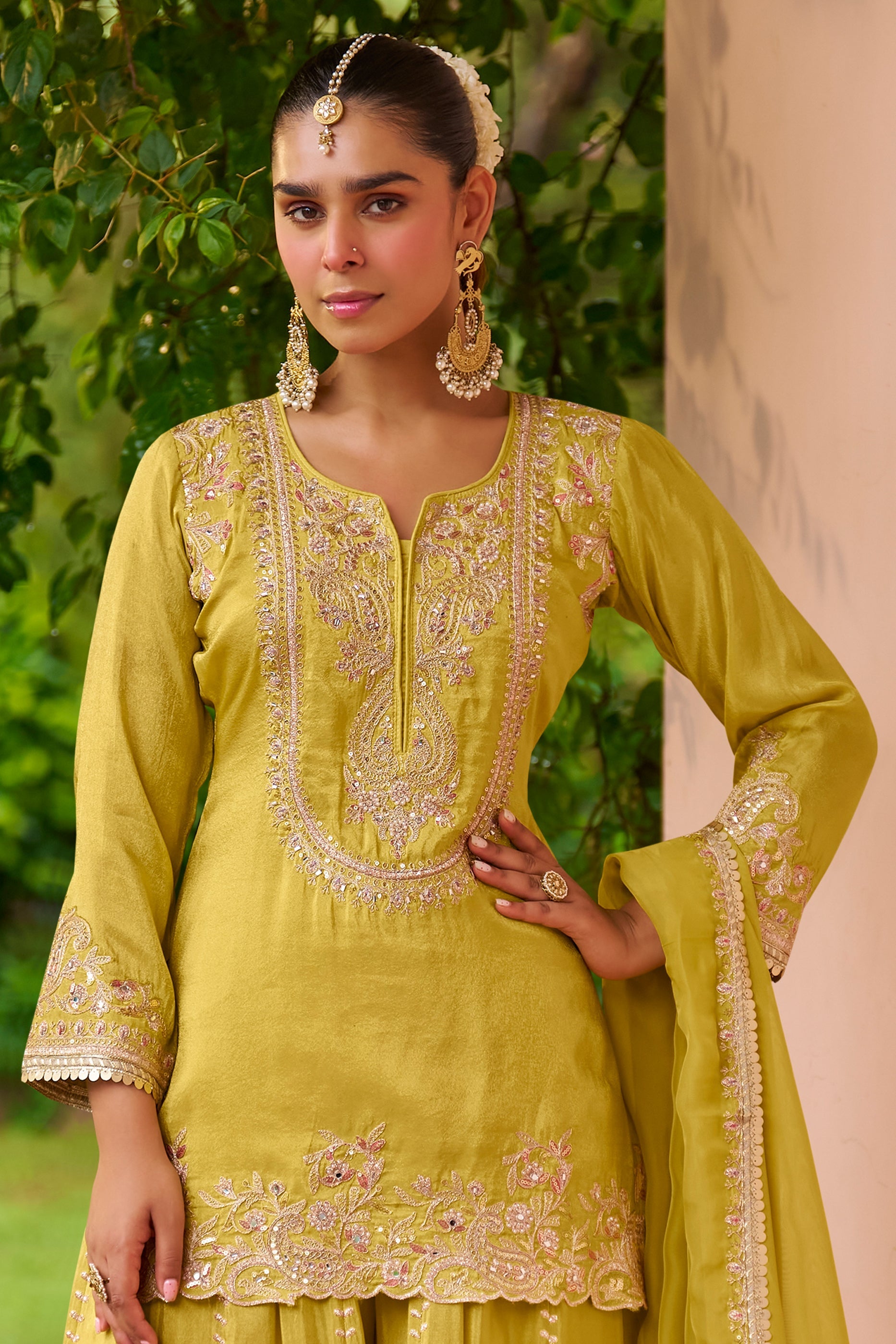 Lime Yellow Readymade Chinon Palazzo Suit-SAR11684_3_SareeButa.com