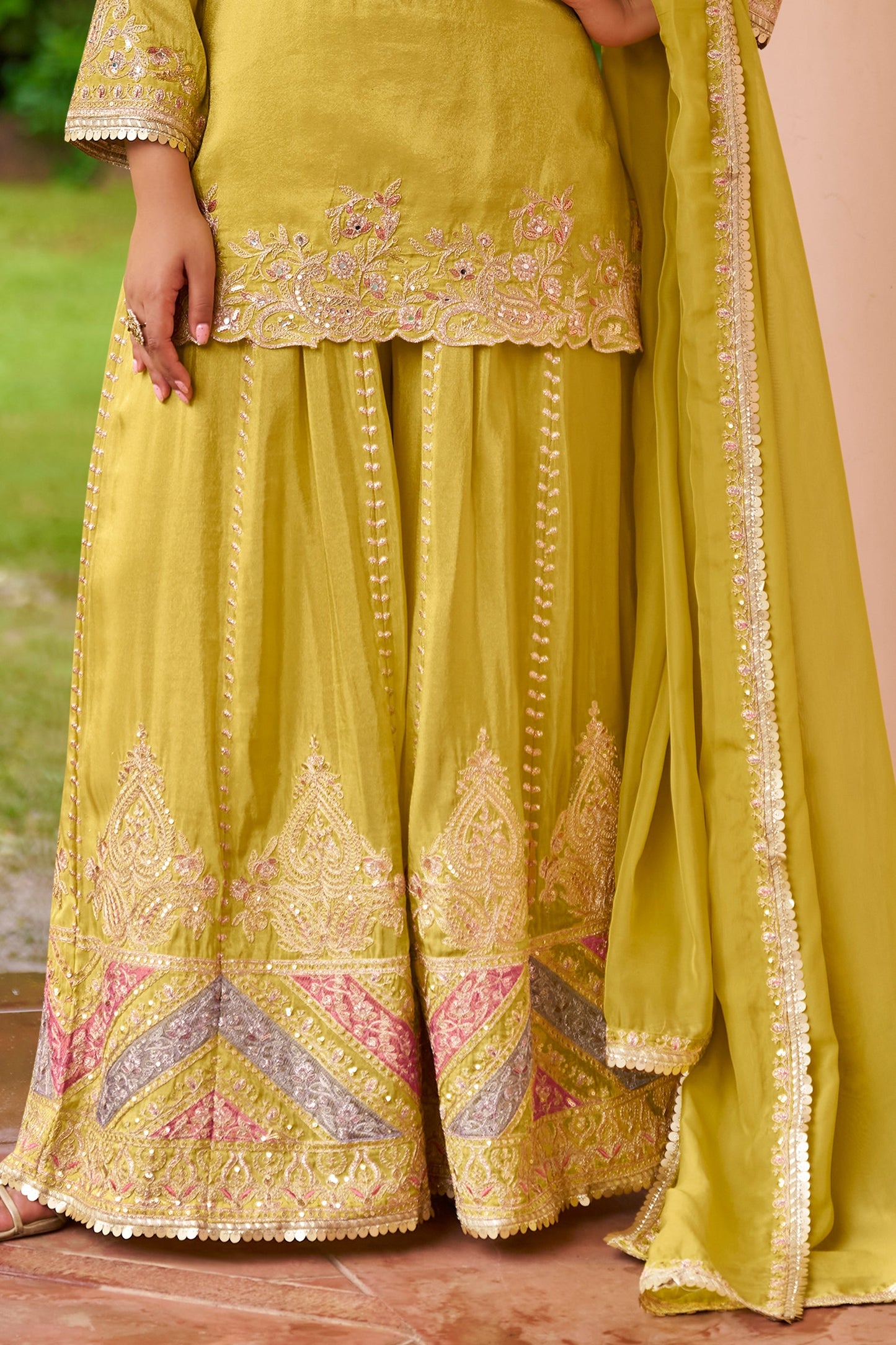 Lime Yellow Readymade Chinon Palazzo Suit-SAR11684_4_SareeButa.com
