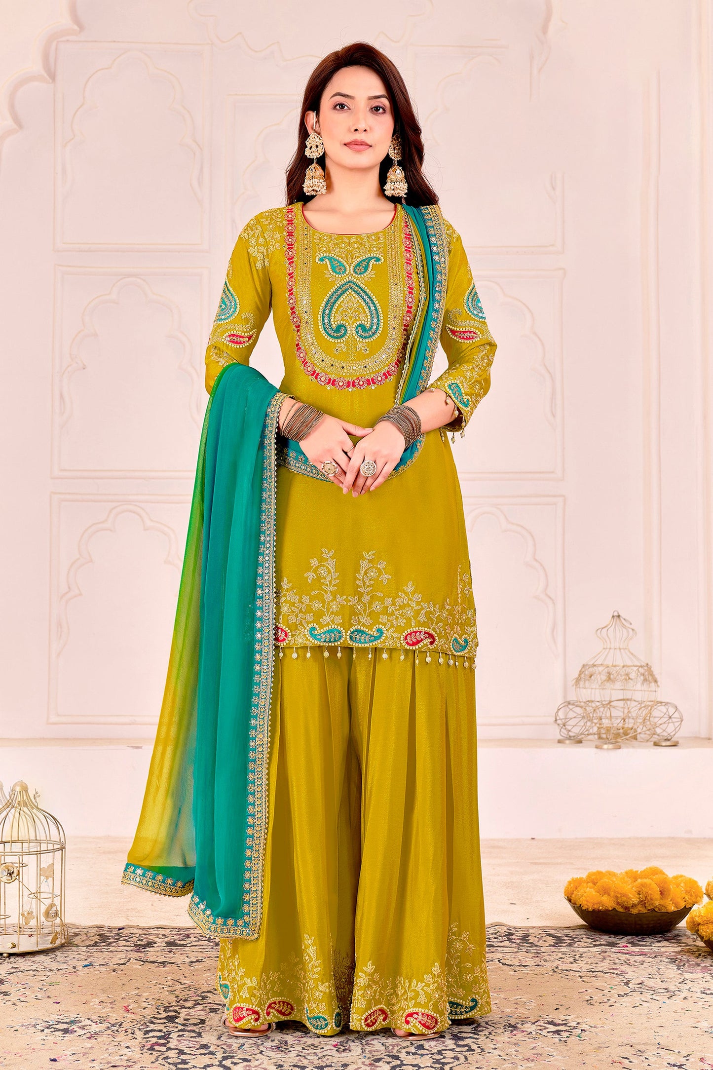 Lime Yellow Readymade Embroidered Chinon Suit-SAR11103_1_SareeButa.com