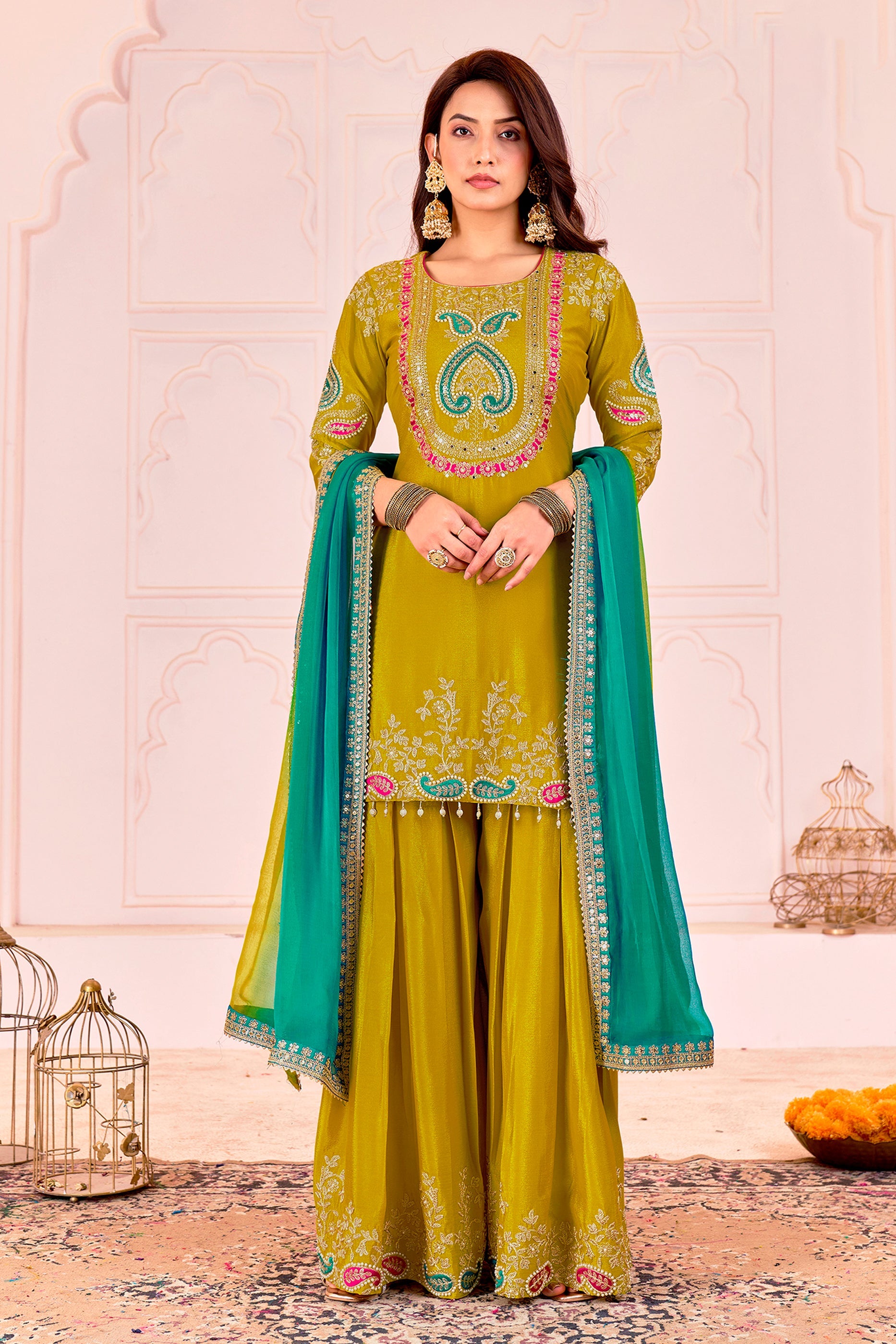 Lime Yellow Readymade Embroidered Chinon Suit-SAR11103_3_SareeButa.com