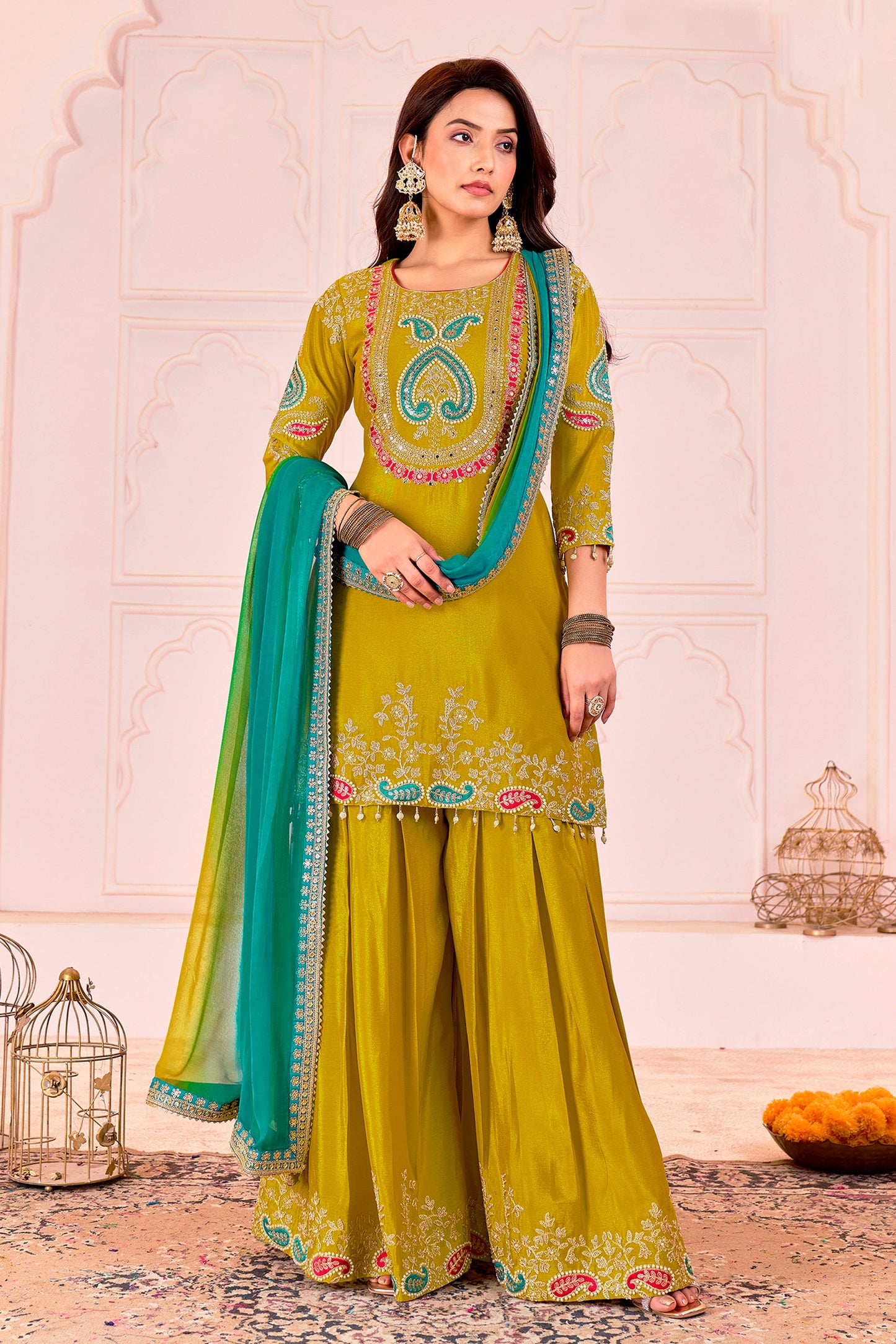 Lime Yellow Readymade Embroidered Chinon Suit-SAR11103_4_SareeButa.com
