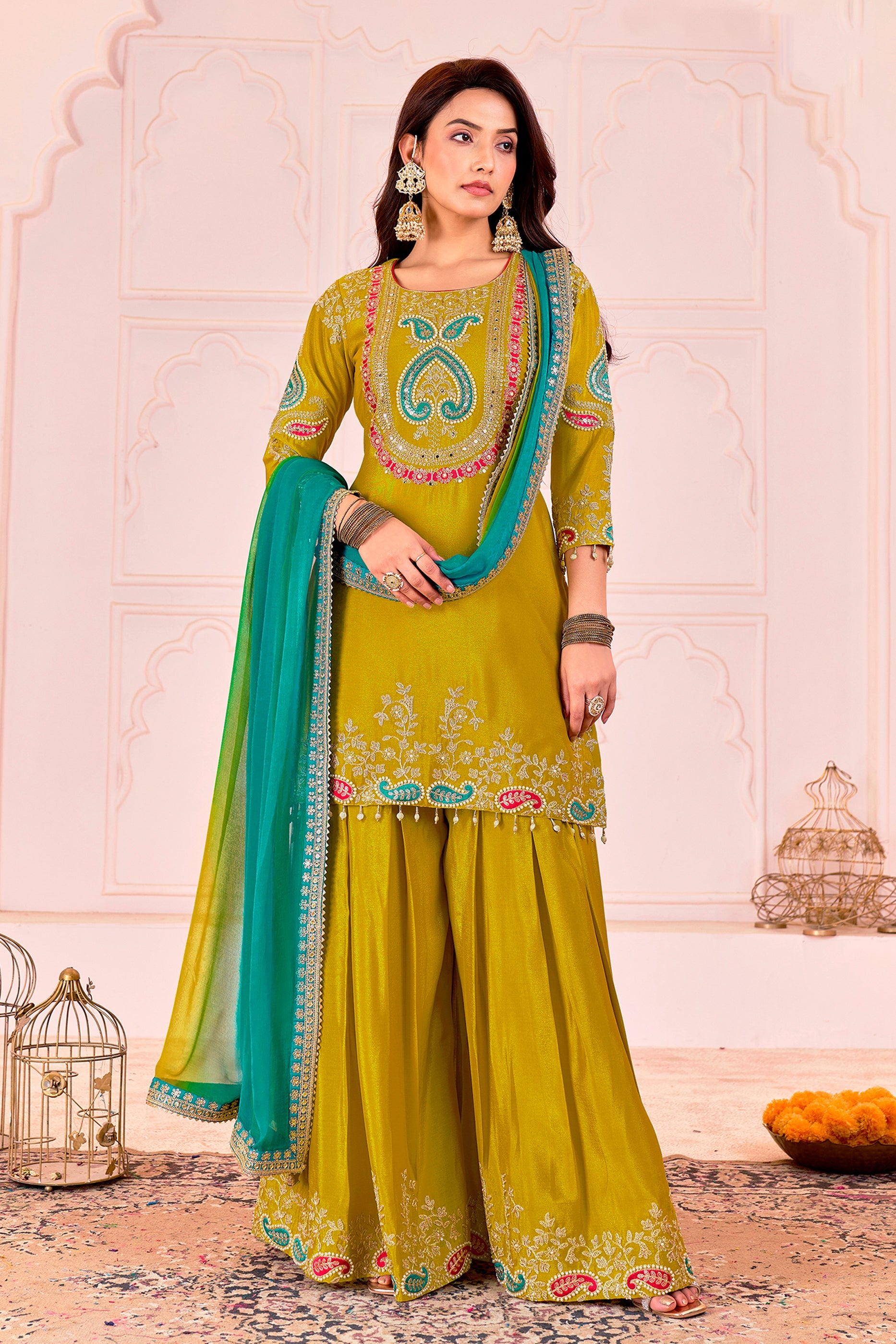 Lime Yellow Readymade Embroidered Chinon Suit-SAR11103_4_SareeButa.com