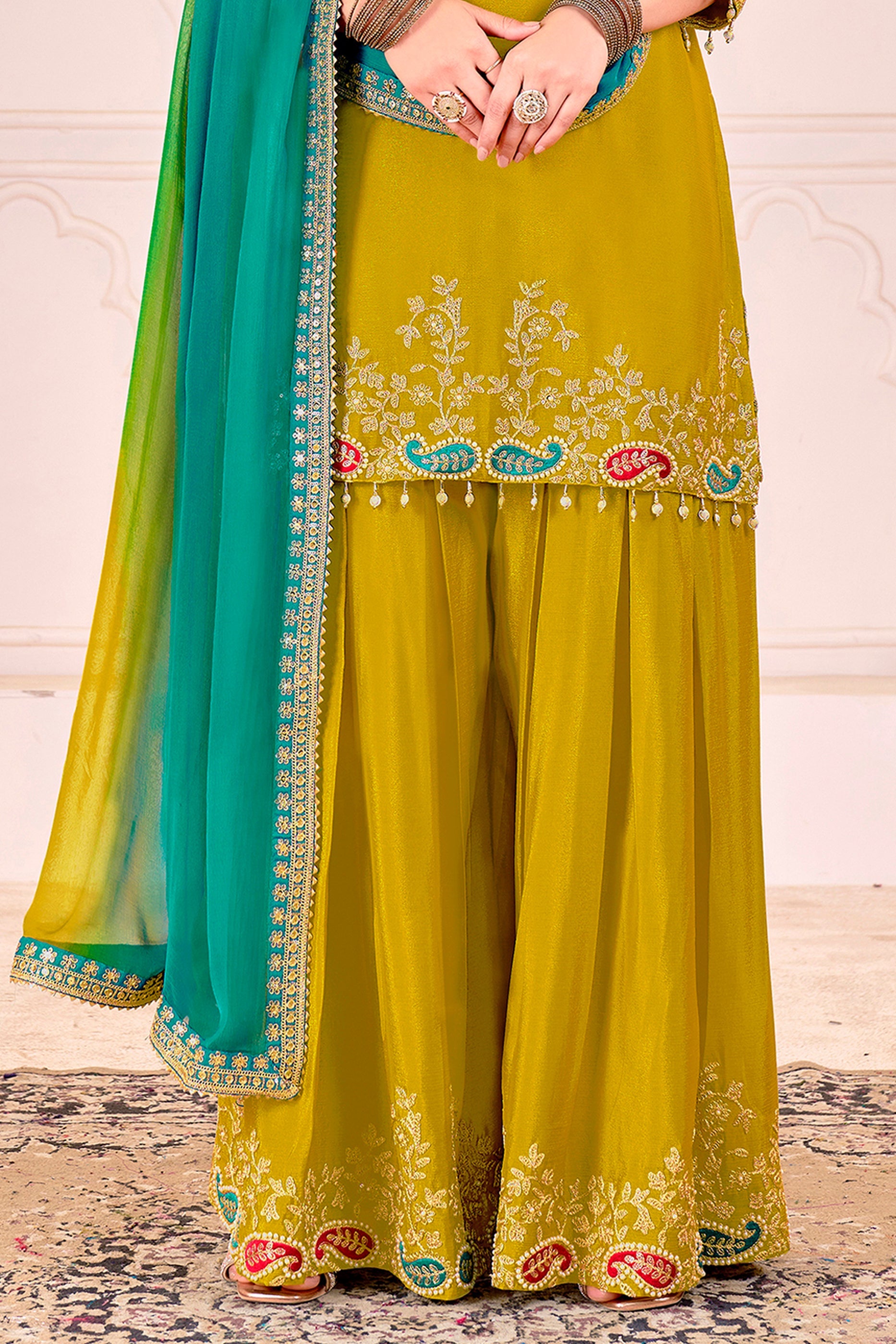 Lime Yellow Readymade Embroidered Chinon Suit-SAR11103_5_SareeButa.com
