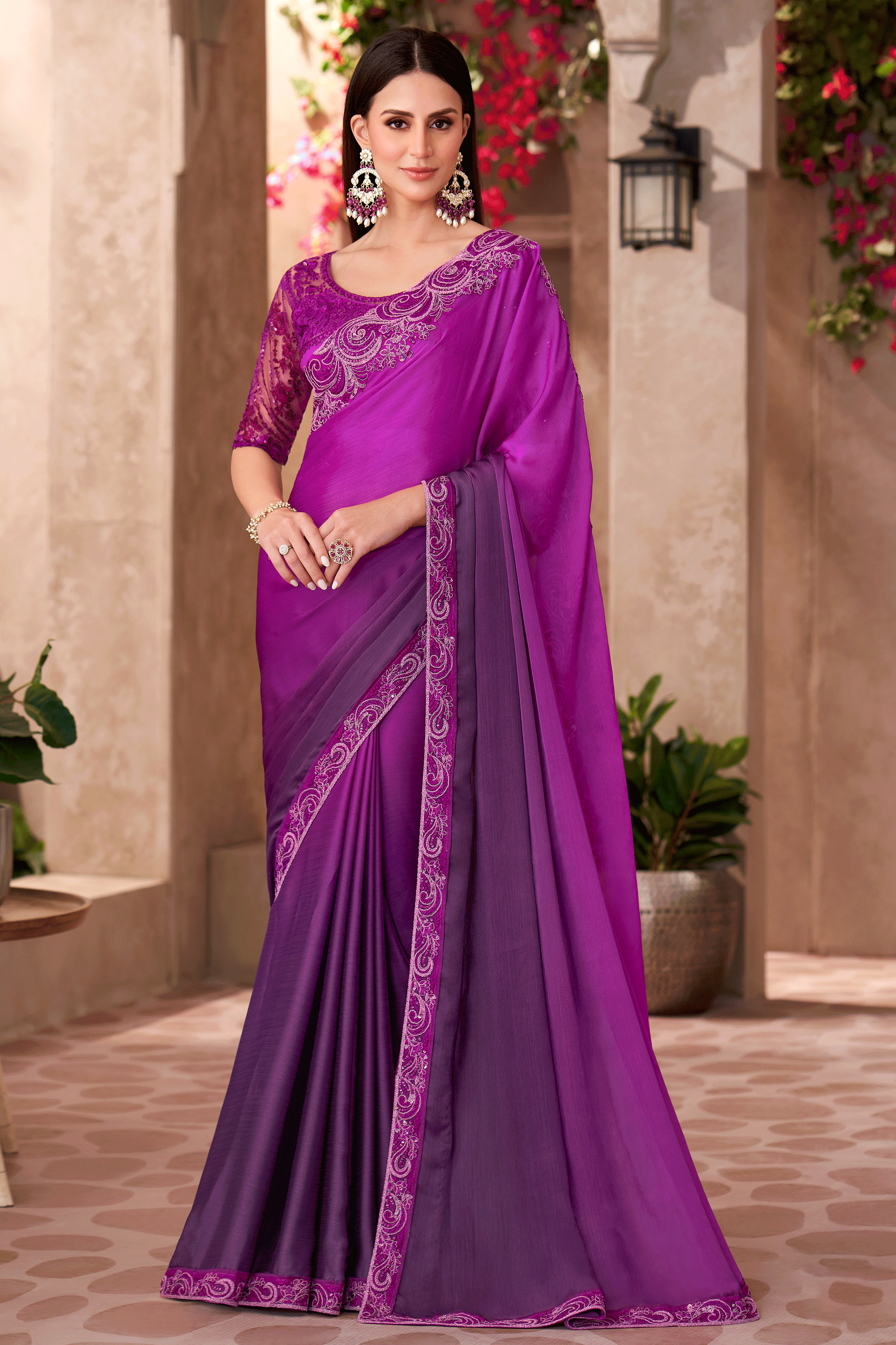 Magenta Embroidered Shaded Chiffon Saree-ZB134912_1_SareeButa.com