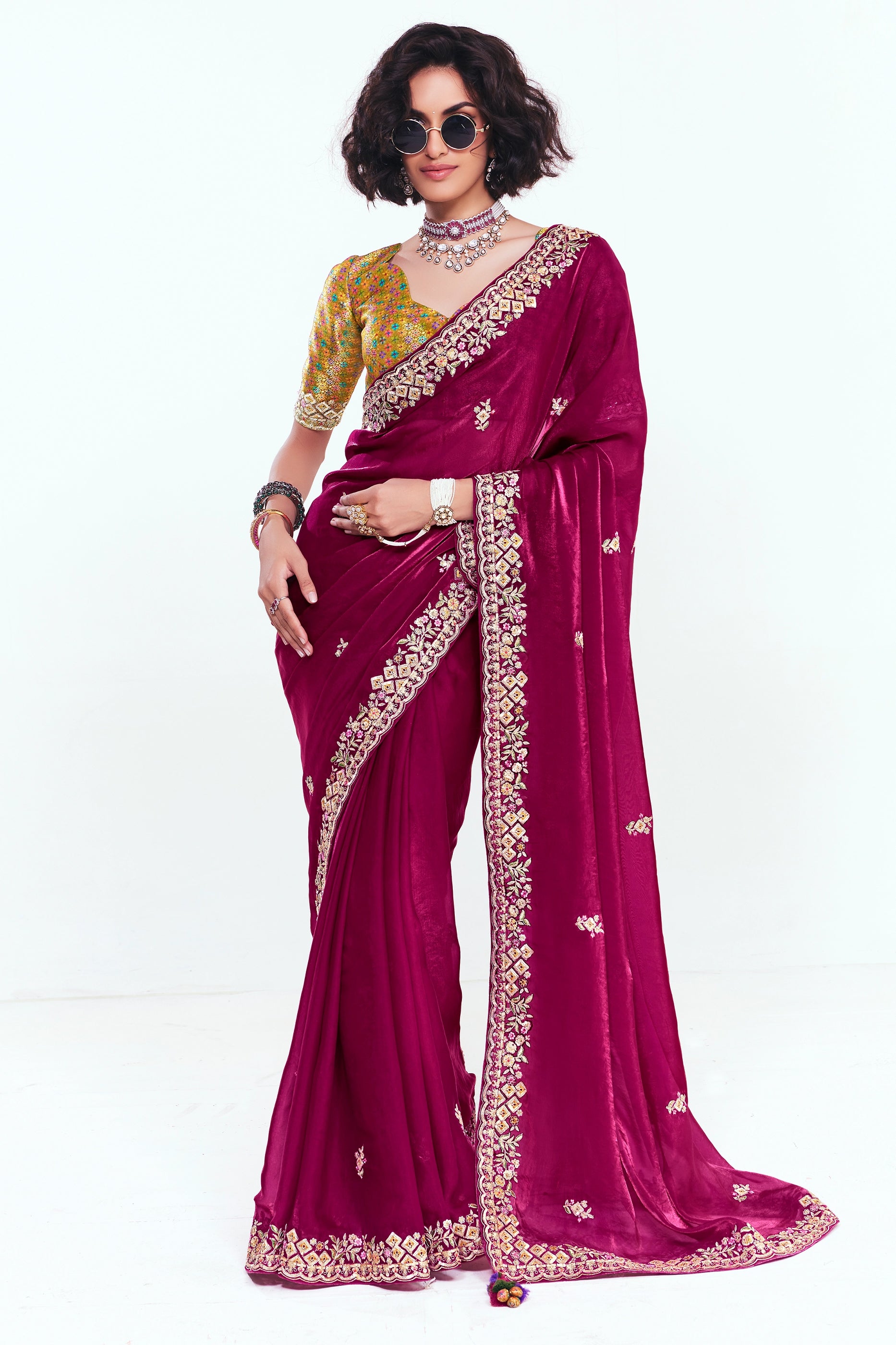 Magenta Pink Embroidered Satin Organza Saree-SAR12247_1_SareeButa.com