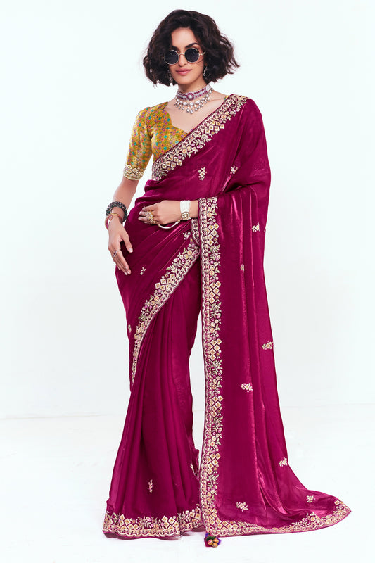 Magenta Pink Embroidered Satin Organza Saree-SAR12247_1_SareeButa.com