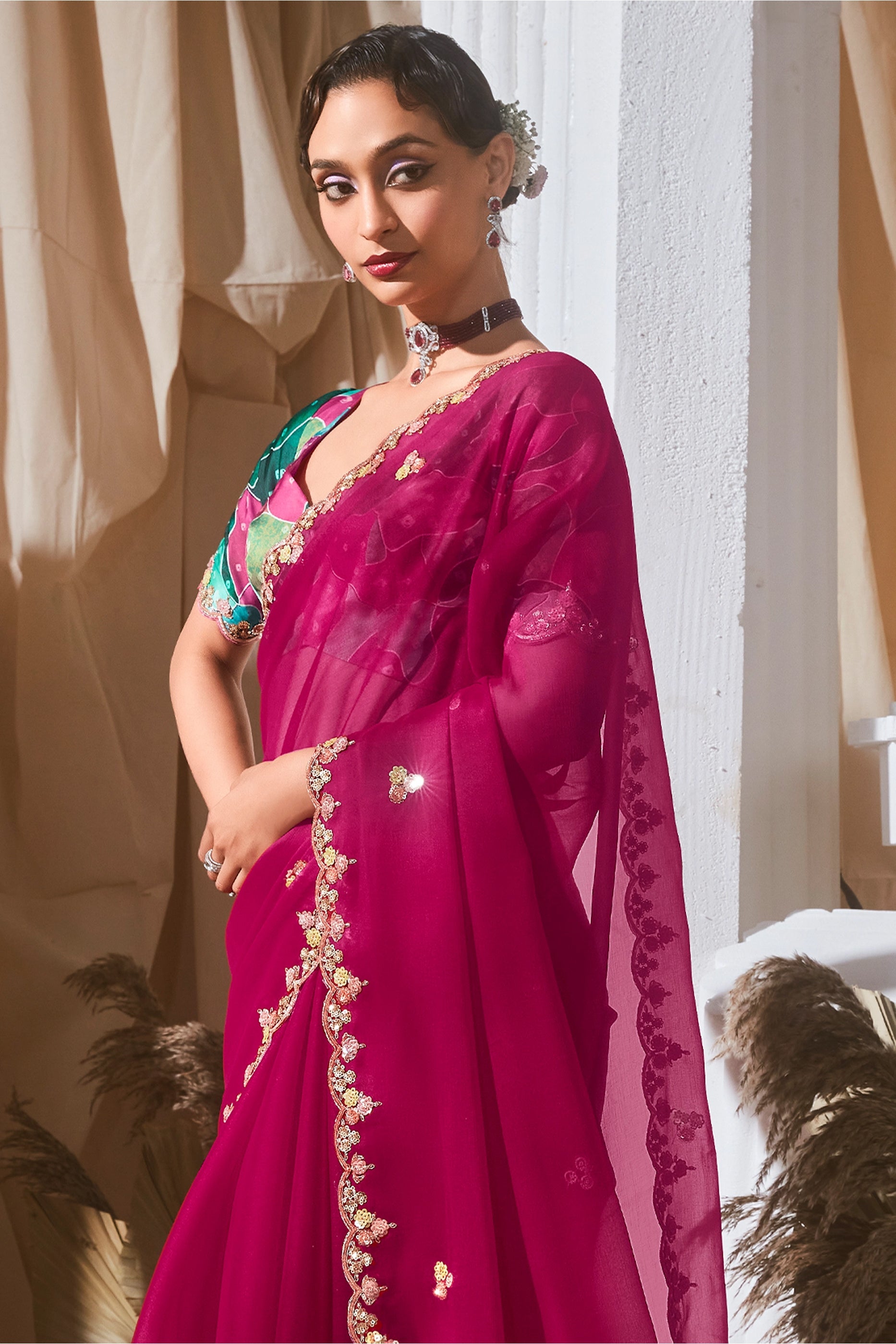 Magenta Pink Embroidered Tissue Silk Saree-SAR10231_4_SareeButa.com