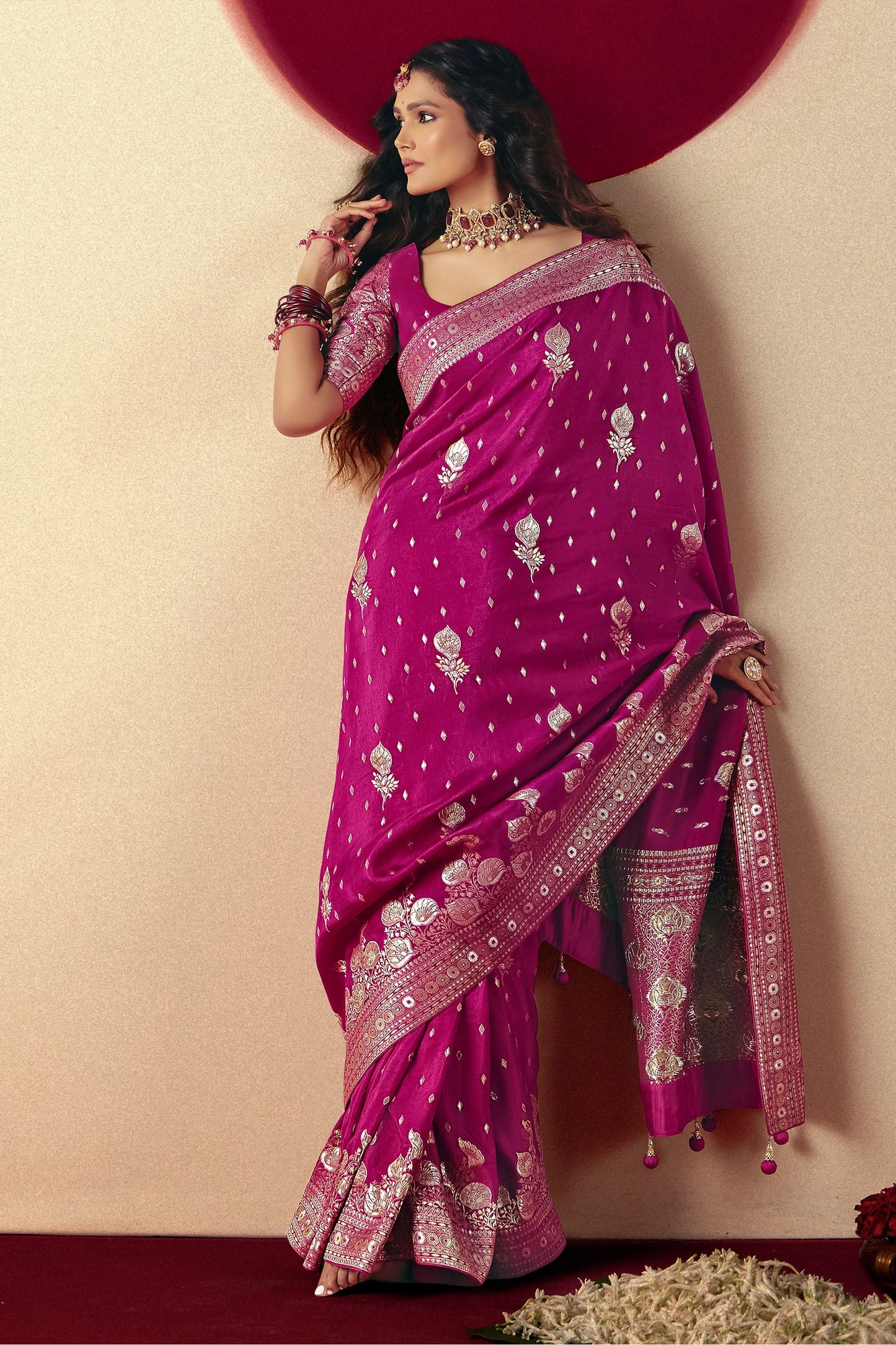 Magenta Pink Woven Viscose Silk Saree With Brocade Blouse-SAR10256_3_SareeButa.com