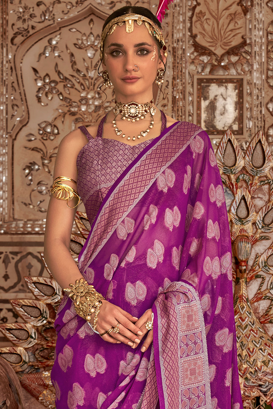 Magenta Woven Georgette Saree-ZB133507_3_SareeButa.com