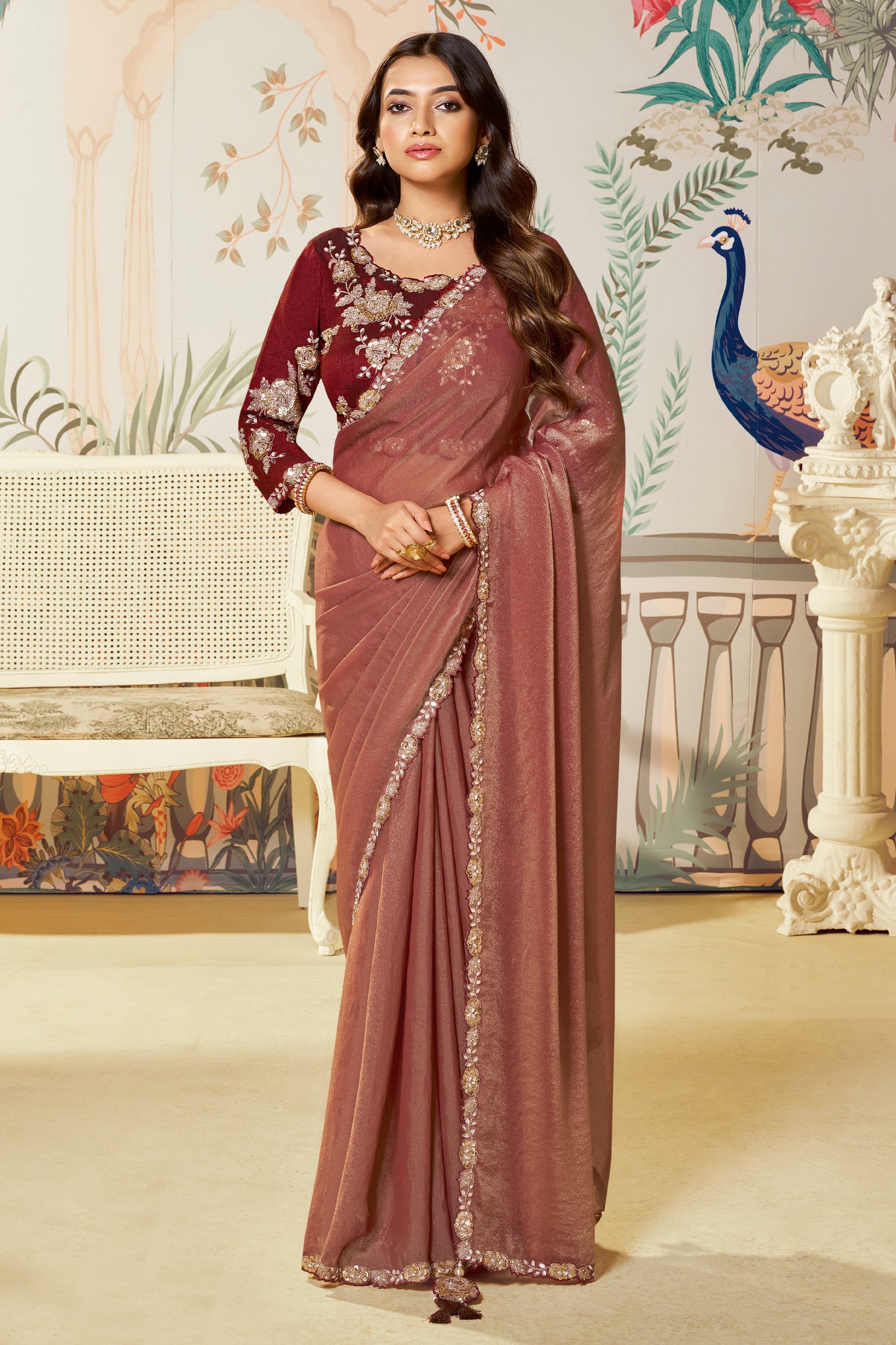 Mahogany Red Satin Organza Silk Saree-SAR10465_1_SareeButa.com