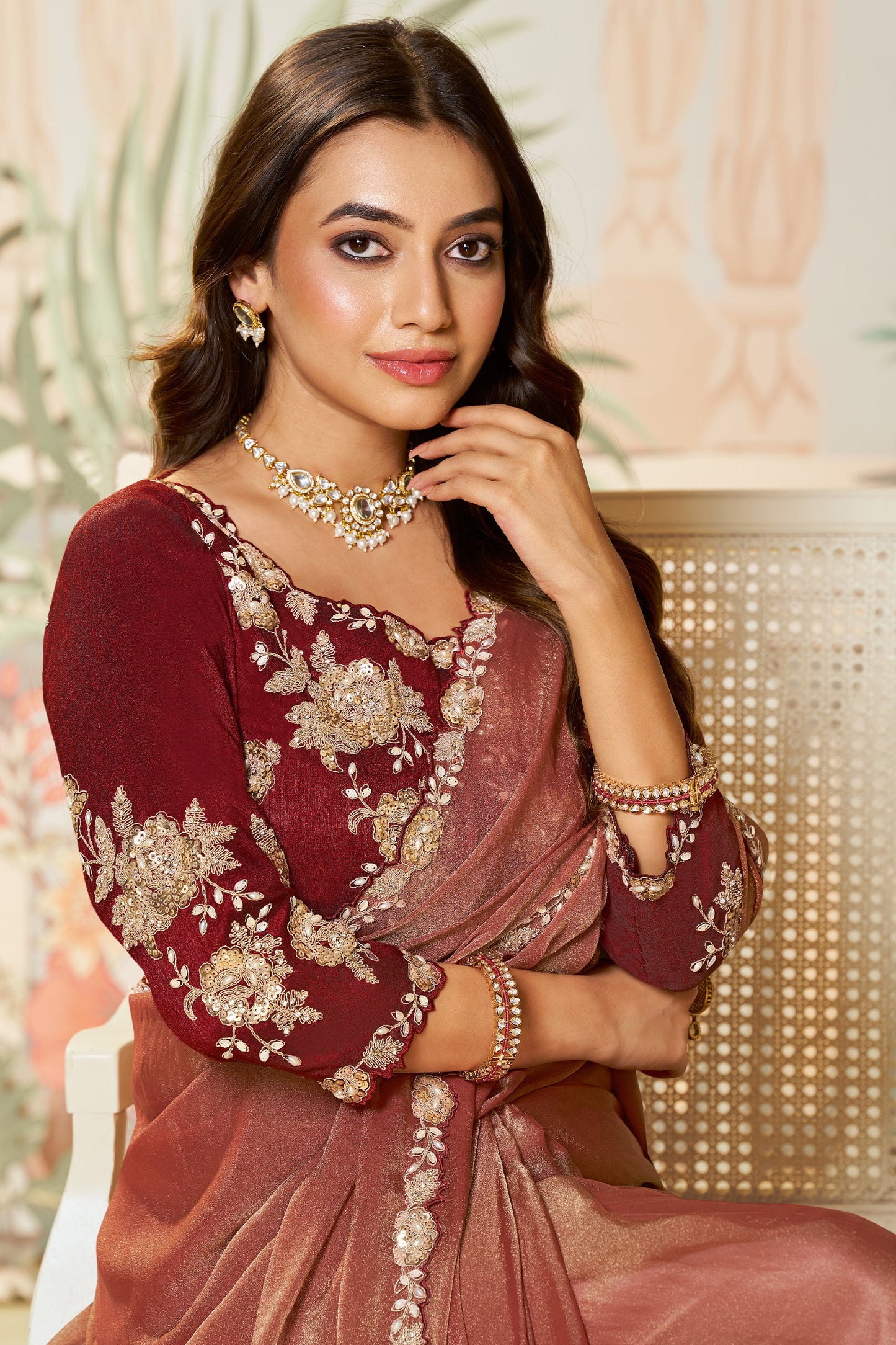 Mahogany Red Satin Organza Silk Saree-SAR10465_2_SareeButa.com