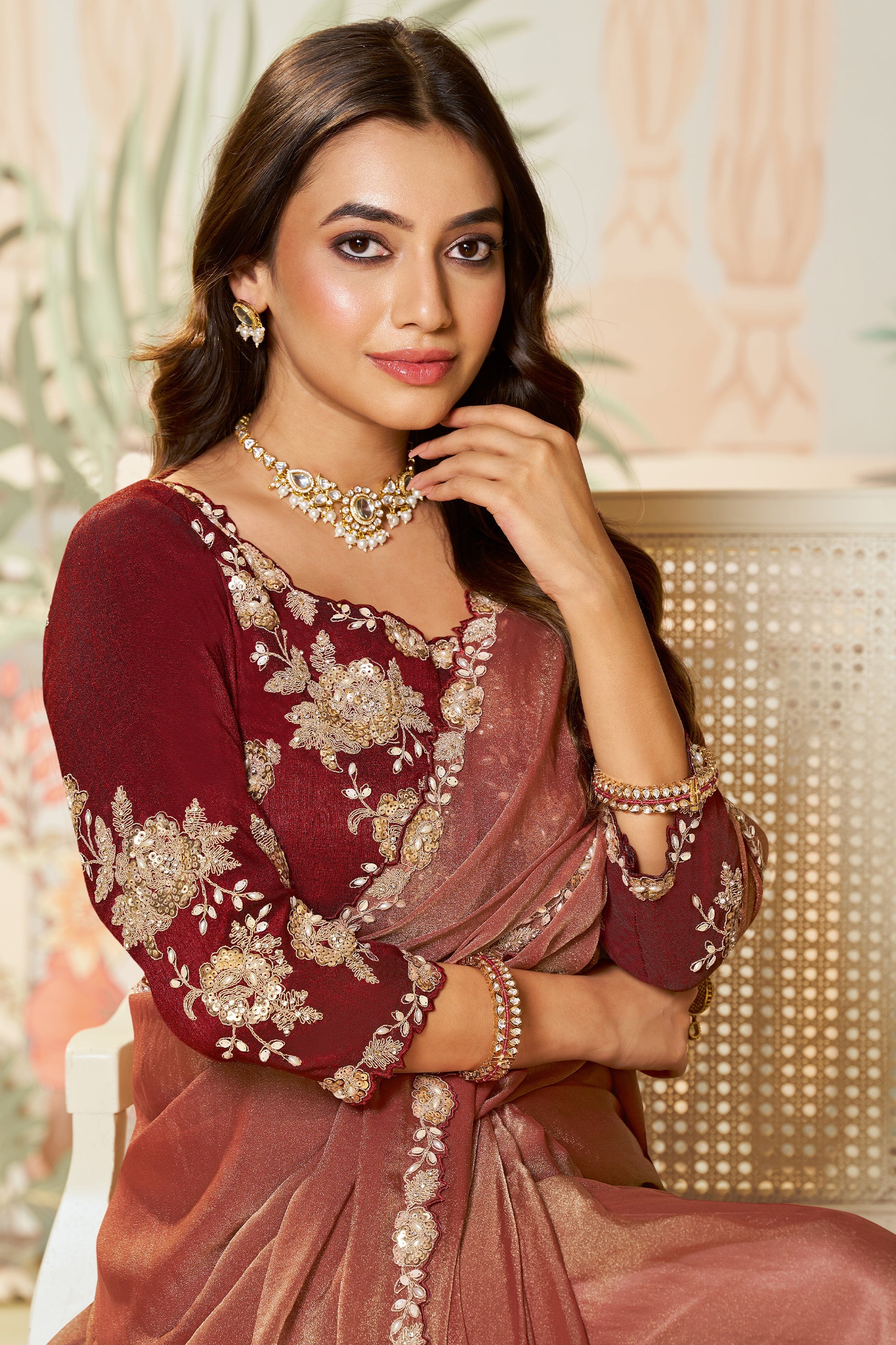 Mahogany Red Satin Organza Silk Saree-SAR10465_2_SareeButa.com