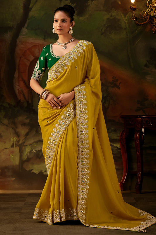 Marigold Yellow Embroidered Viscose Tissue Saree-SAR13249_1_SareeButa.com
