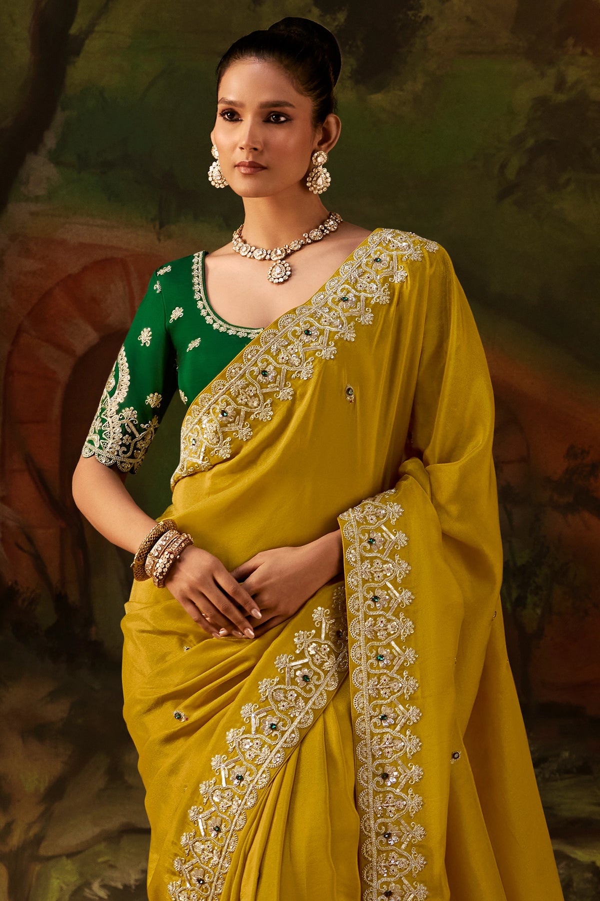 Marigold Yellow Embroidered Viscose Tissue Saree-SAR13249_4_SareeButa.com