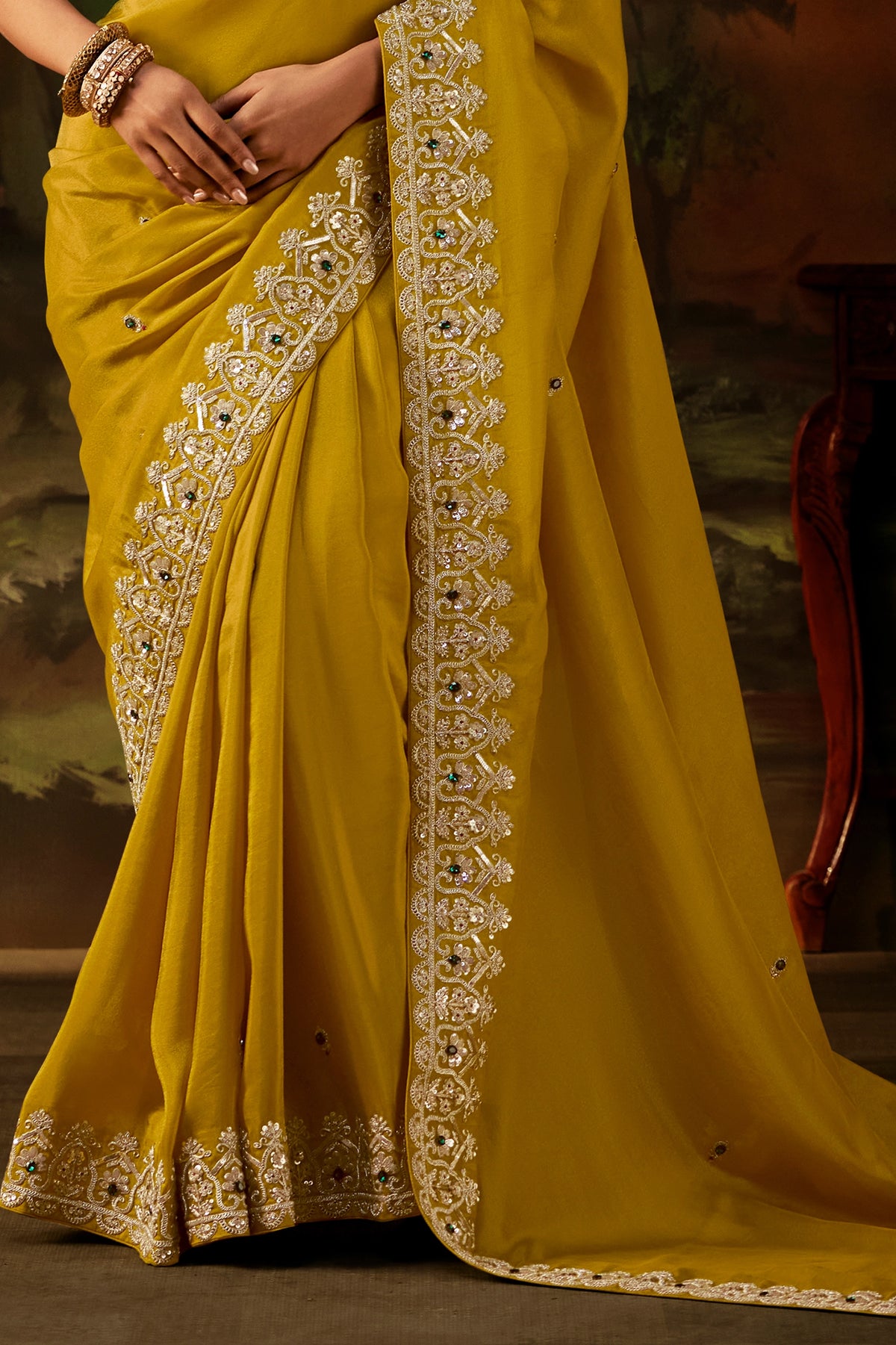 Marigold Yellow Embroidered Viscose Tissue Saree-SAR13249_5_SareeButa.com