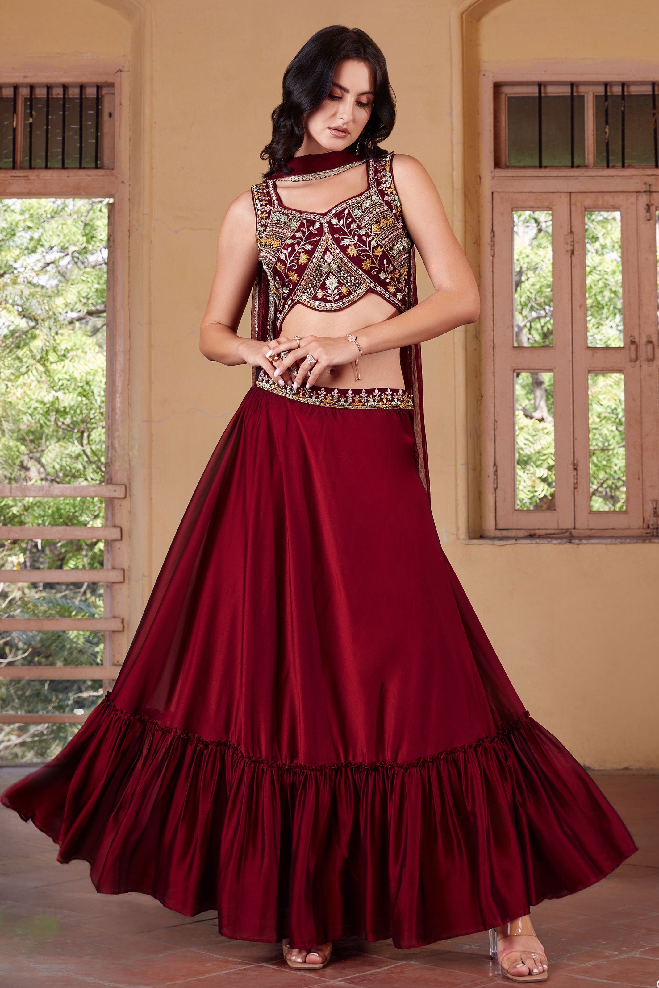 Maroon Georgette Skirt Set M