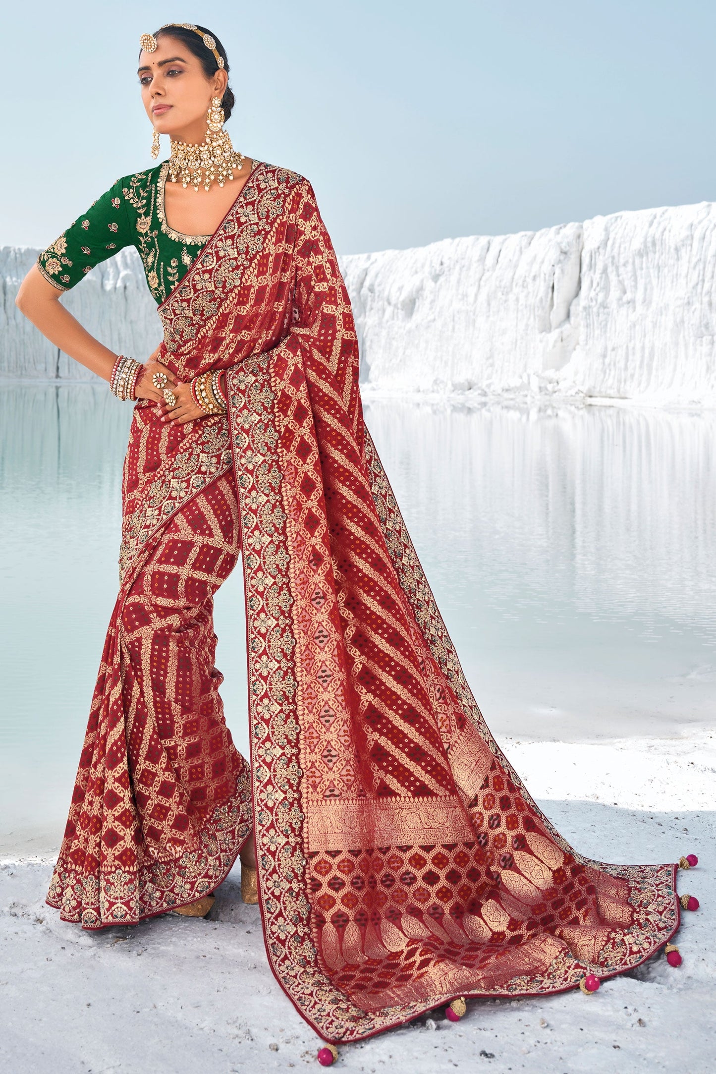 Maroon Pure Georgette Patola Bandhani Fusion Saree-ZB133231_1_SareeButa.com