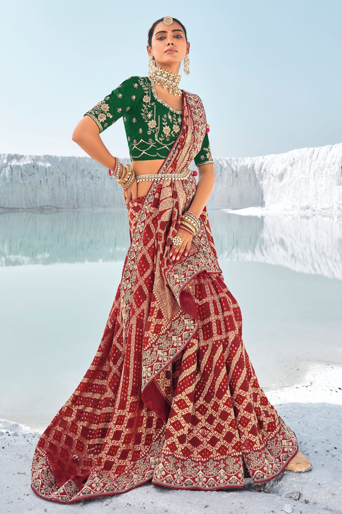 Maroon Pure Georgette Patola Bandhani Fusion Saree-ZB133231_4_SareeButa.com