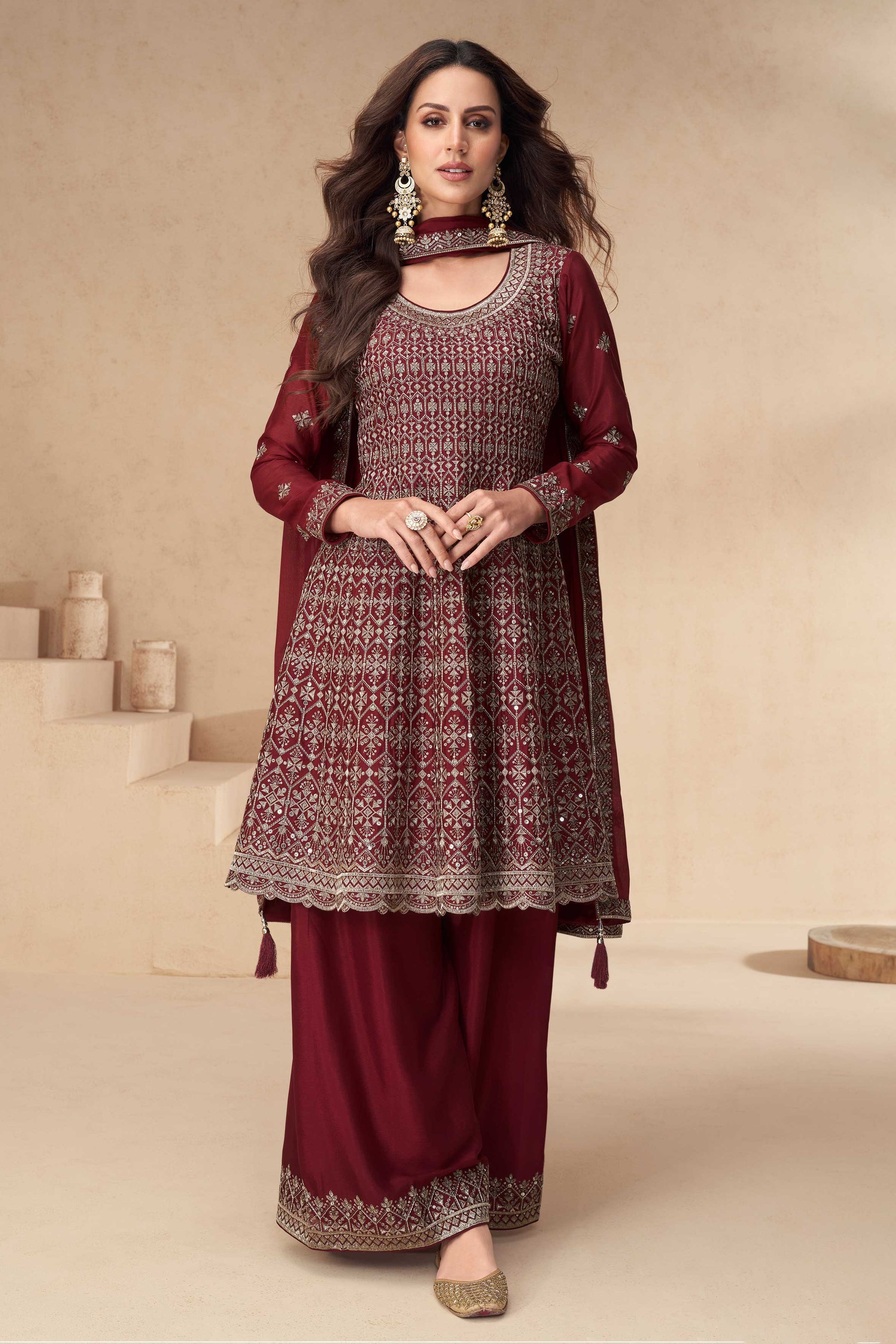Maroon Readymade Chinon Silk A-Line Suit-SS328_1_SareeButa.com