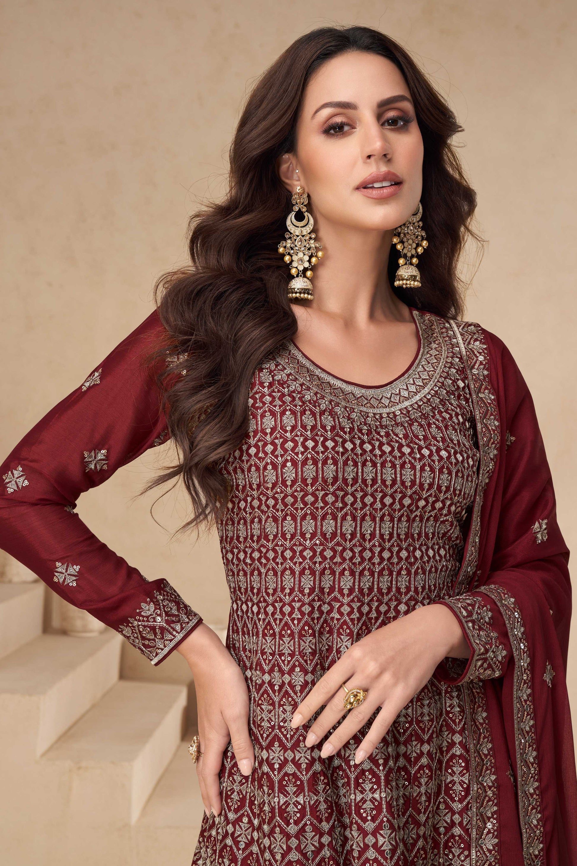 Maroon Readymade Chinon Silk A-Line Suit-SS328_2_SareeButa.com