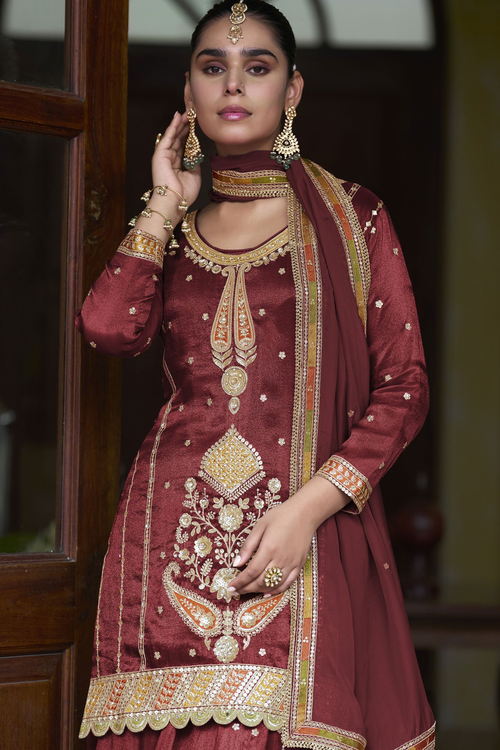 Burgundy Readymade Simar Silk Palazzo Suit-SS943_2_SareeButa.com