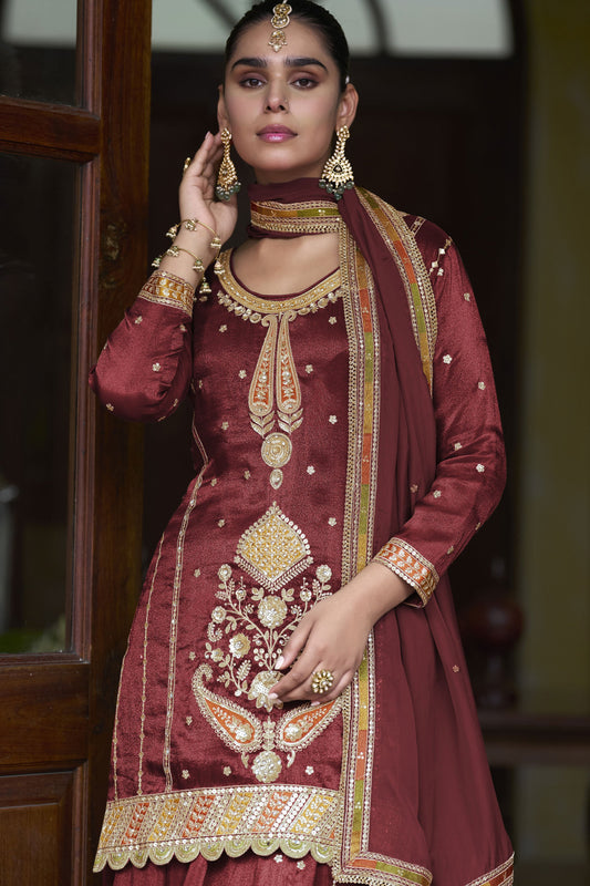 Burgundy Readymade Simar Silk Palazzo Suit-SS943_2_SareeButa.com