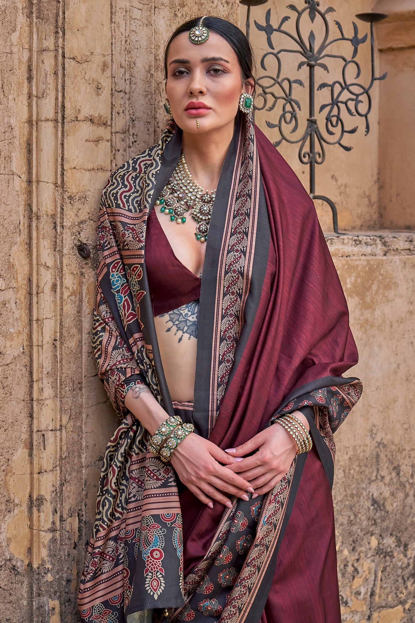 Maroon Ajarakh Printed Viscose Silk Saree-SAR10145_2_SareeButa.com