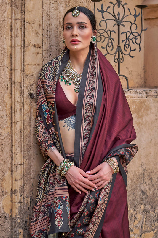 Maroon Ajarakh Printed Viscose Silk Saree-SAR10145_2_SareeButa.com