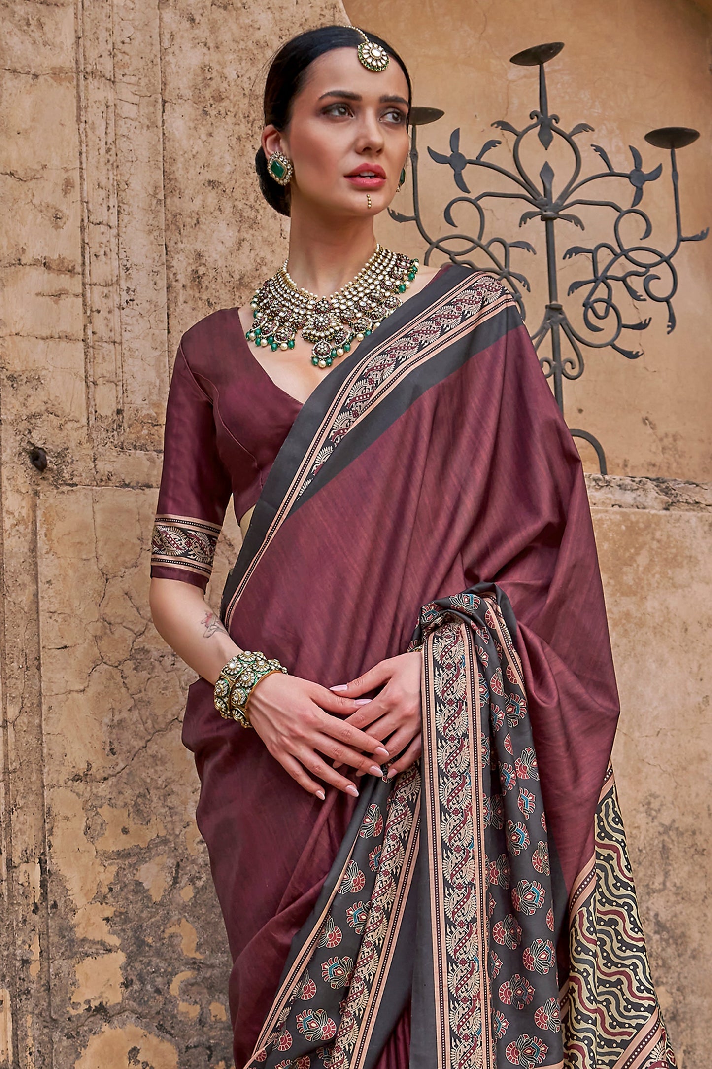 Maroon Ajarakh Printed Viscose Silk Saree-SAR10145_3_SareeButa.com