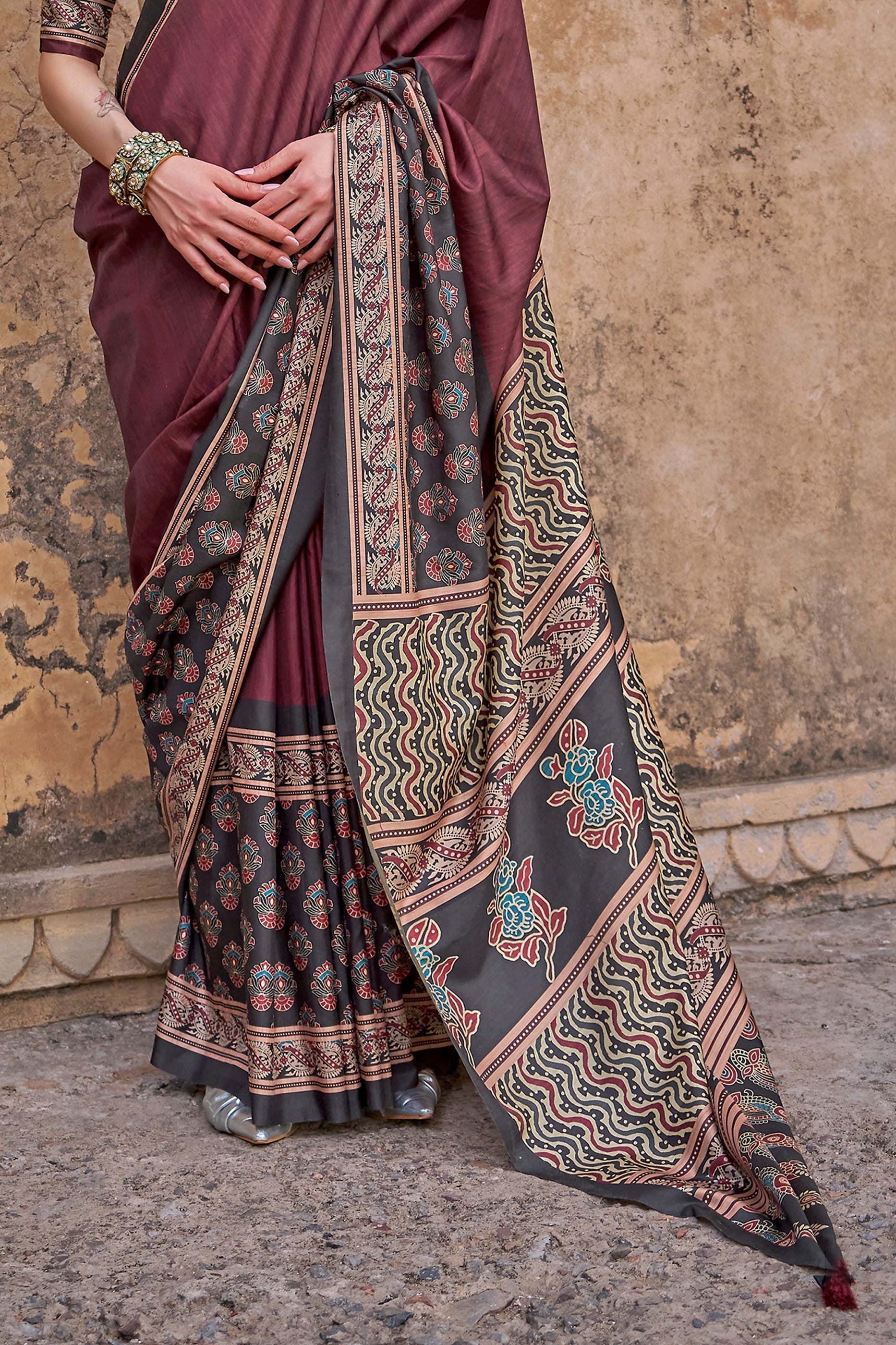 Maroon Ajarakh Printed Viscose Silk Saree-SAR10145_4_SareeButa.com