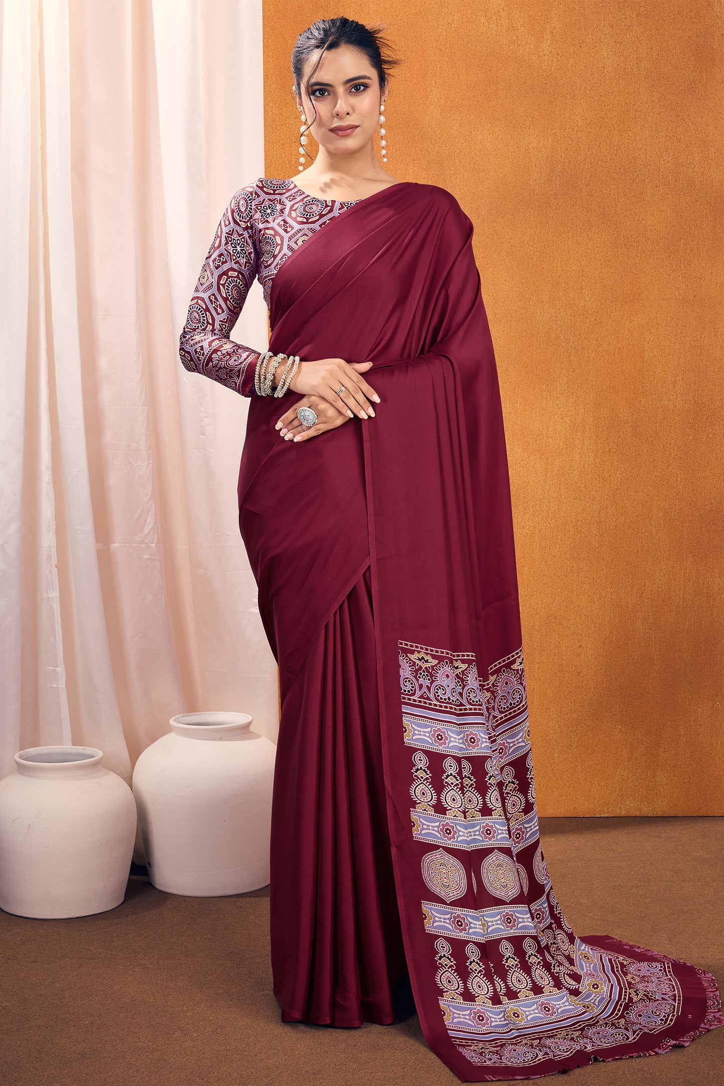 Maroon Ajrakh Print Satin Saree-SAR11815_1_SareeButa.com
