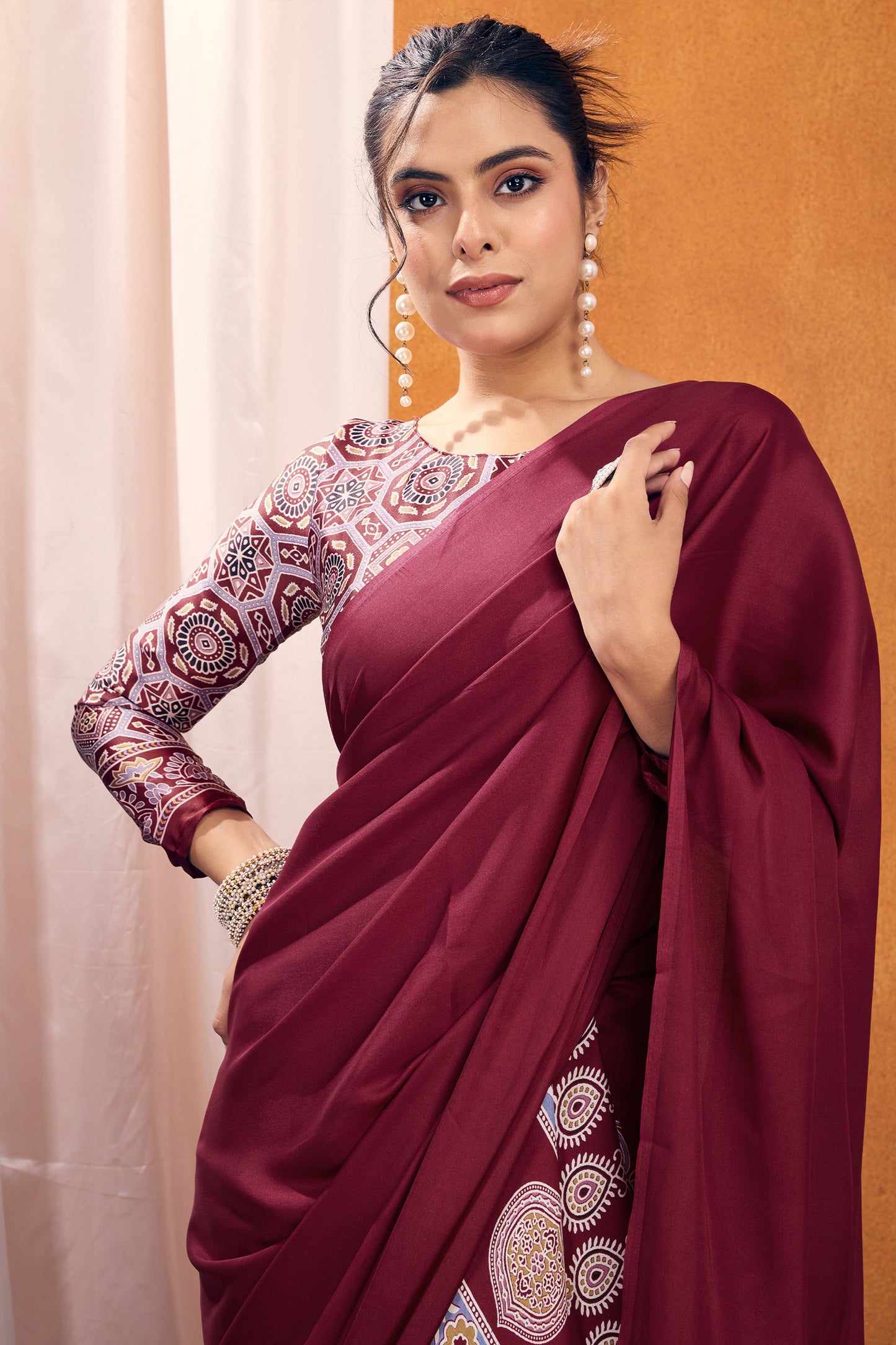 Maroon Ajrakh Print Satin Saree-SAR11815_2_SareeButa.com
