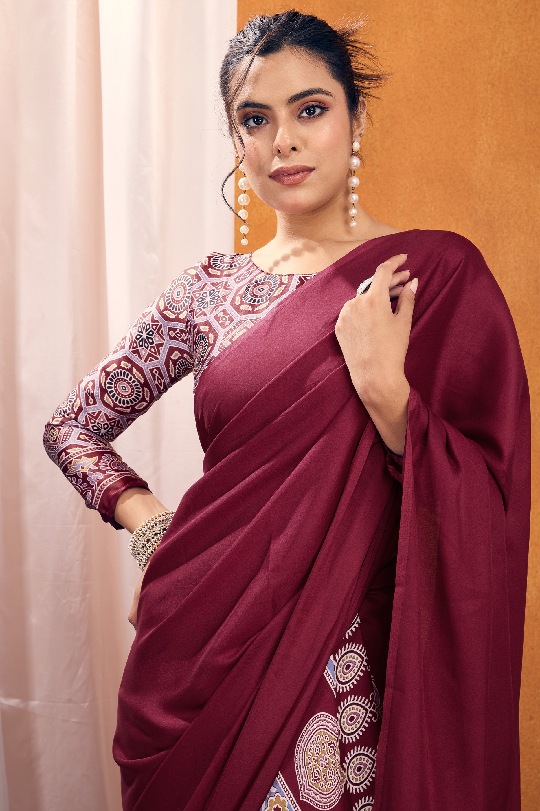 Maroon Ajrakh Print Satin Saree-SAR11815_2_SareeButa.com