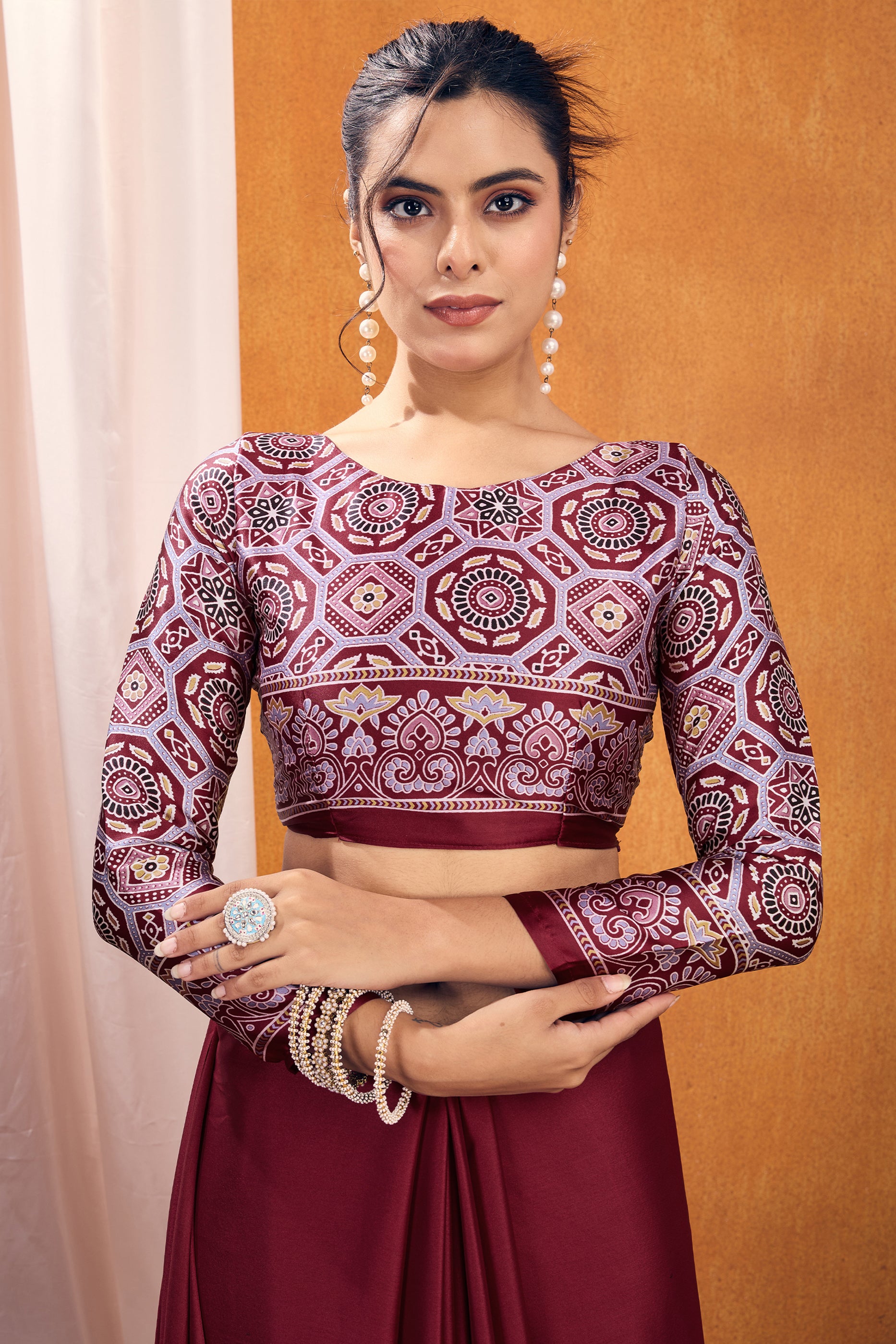 Maroon Ajrakh Print Satin Saree-SAR11815_4_SareeButa.com