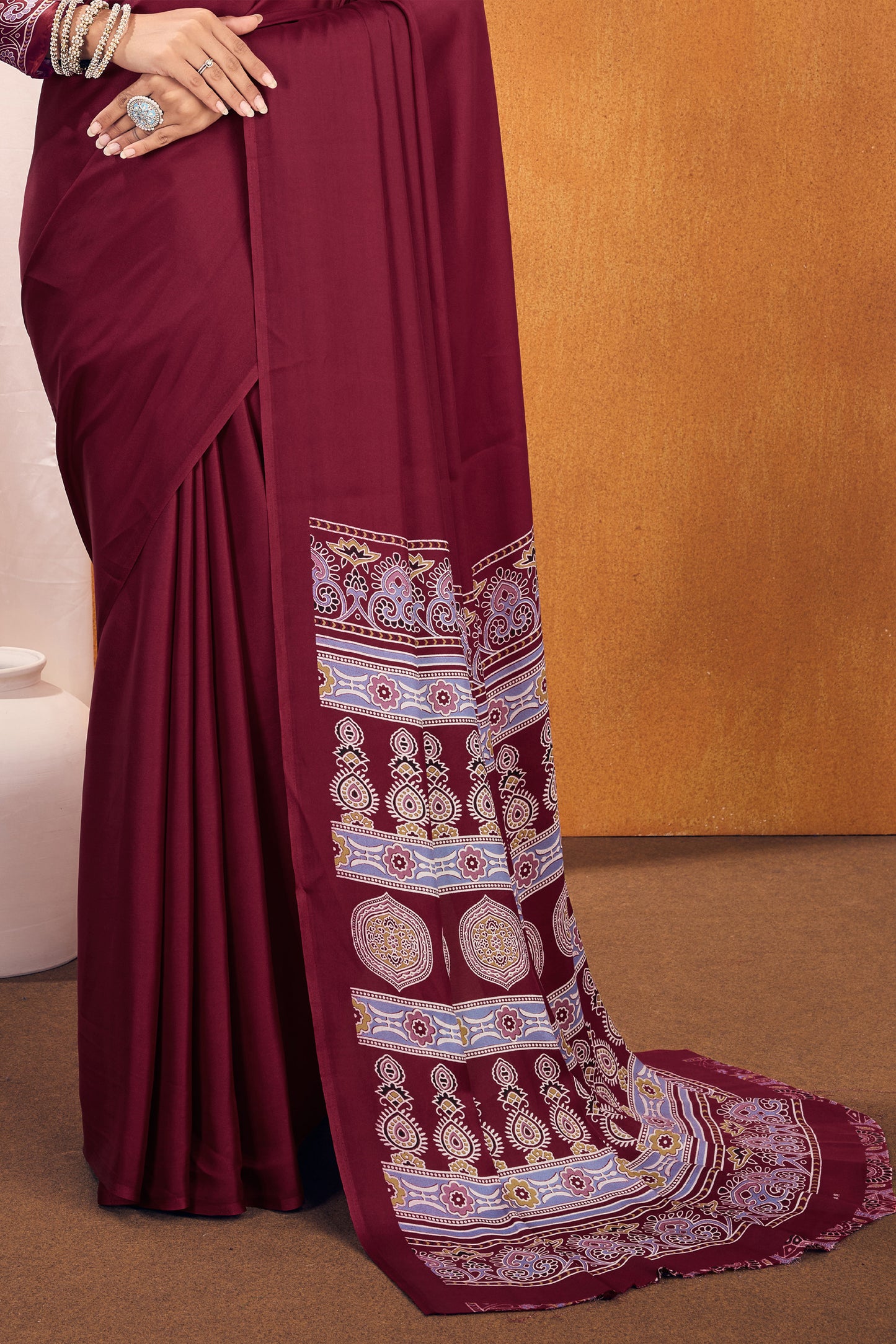 Maroon Ajrakh Print Satin Saree-SAR11815_5_SareeButa.com