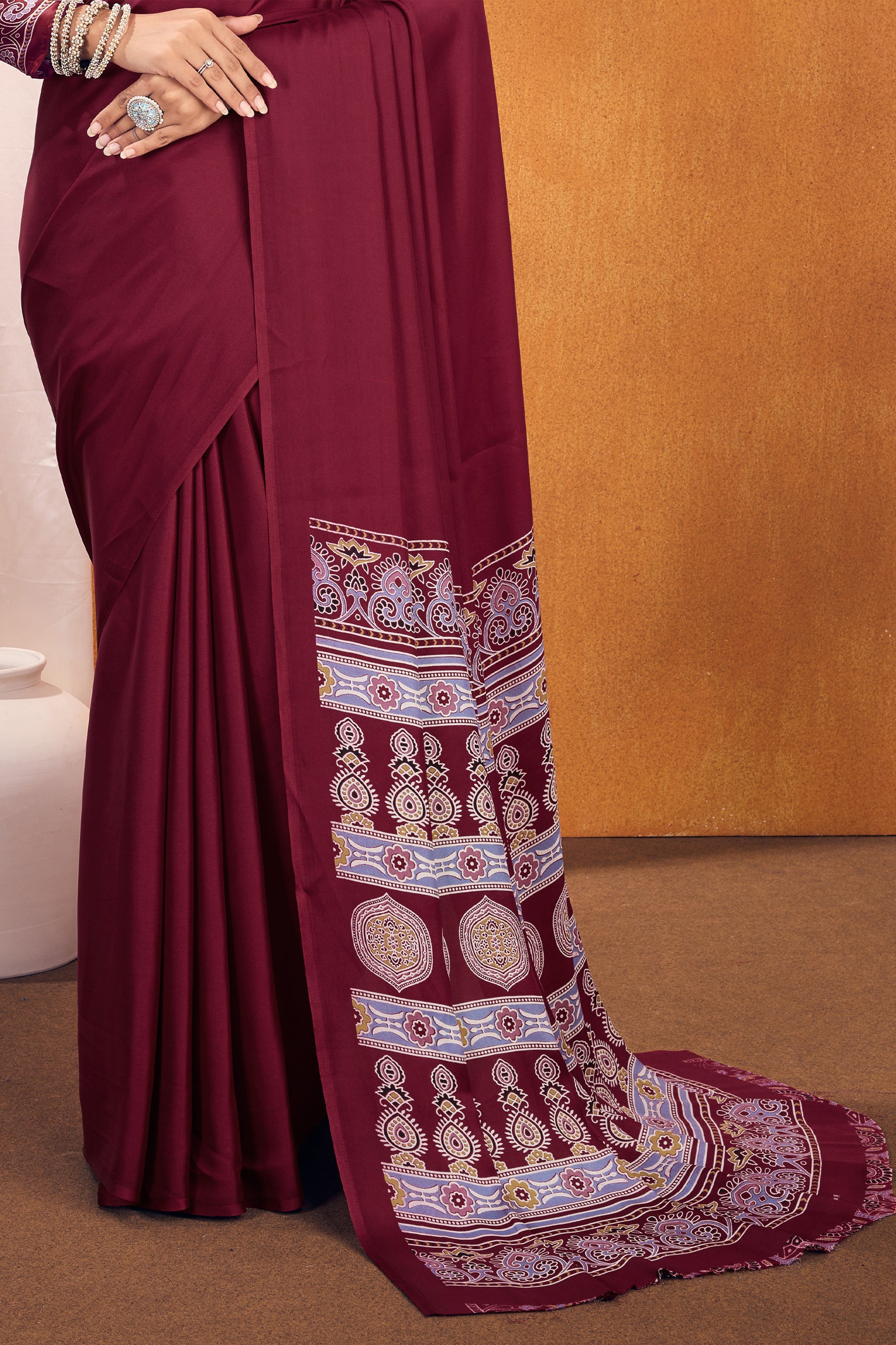 Maroon Ajrakh Print Satin Saree-SAR11815_5_SareeButa.com