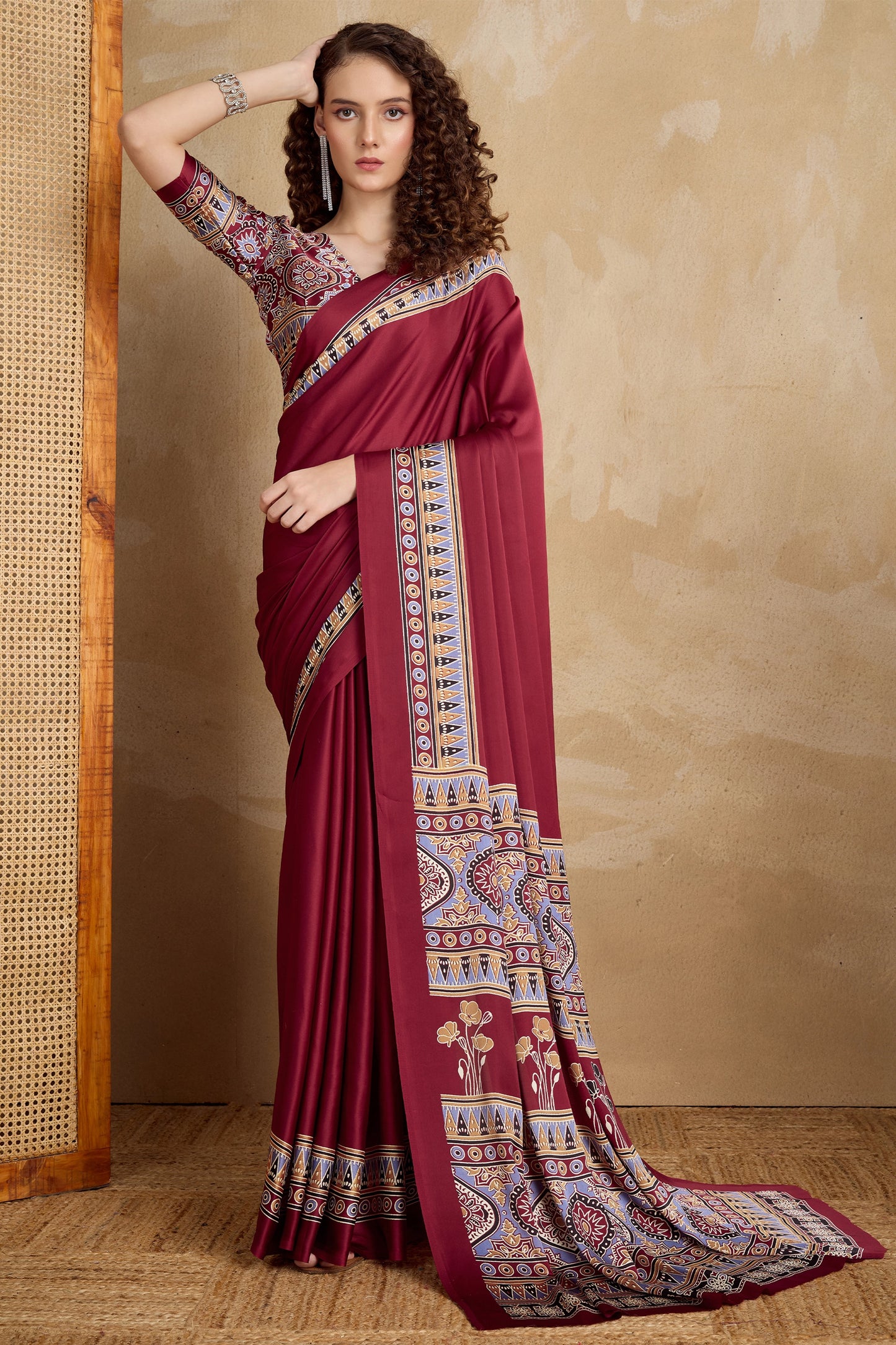 Maroon Ajrakh Print Satin Saree-SAR11824_1_SareeButa.com